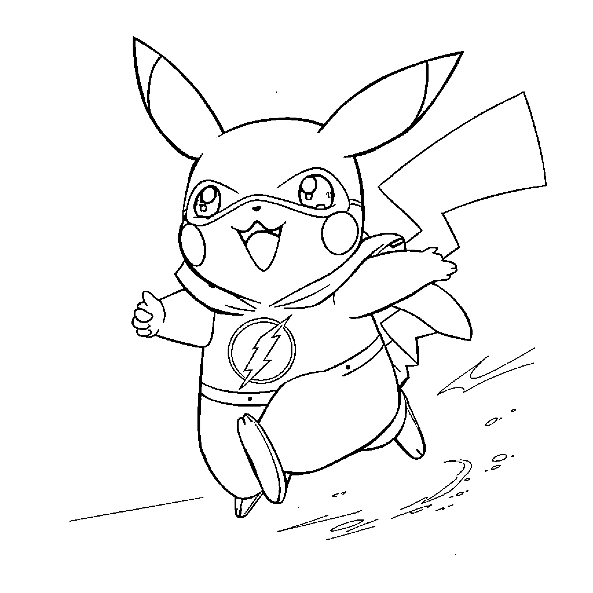 Pikachu Happily Running with Electricity Coloring Page (free black-and-white line drawing printable PDF for all, from beginners to advanced learners, including children, teens, adults, and seniors)