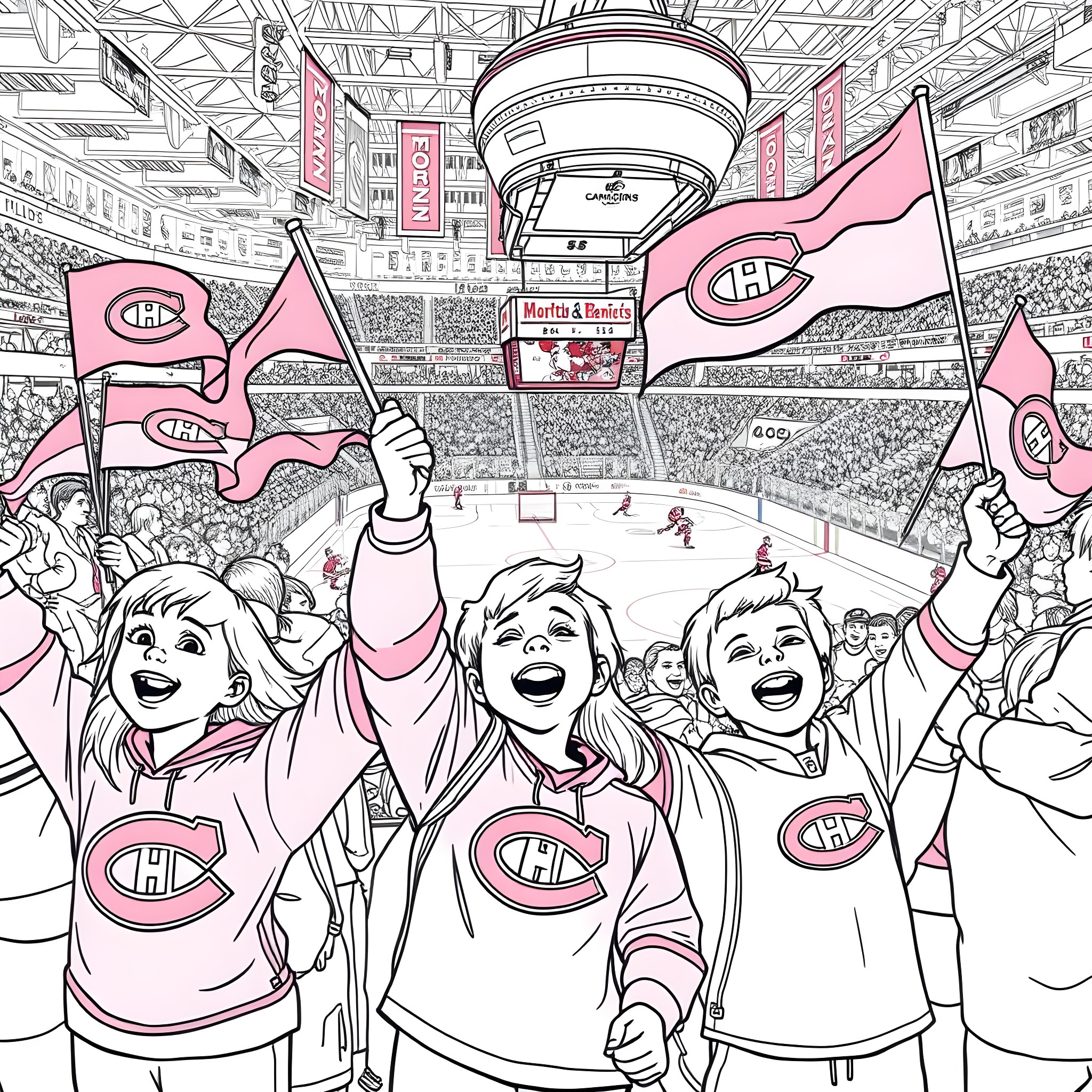 Kids cheering in excitement at an ice hockey game Coloring Page (free black-and-white line drawing printable PDF for all, from beginners to advanced learners, including children, teens, adults, and seniors)