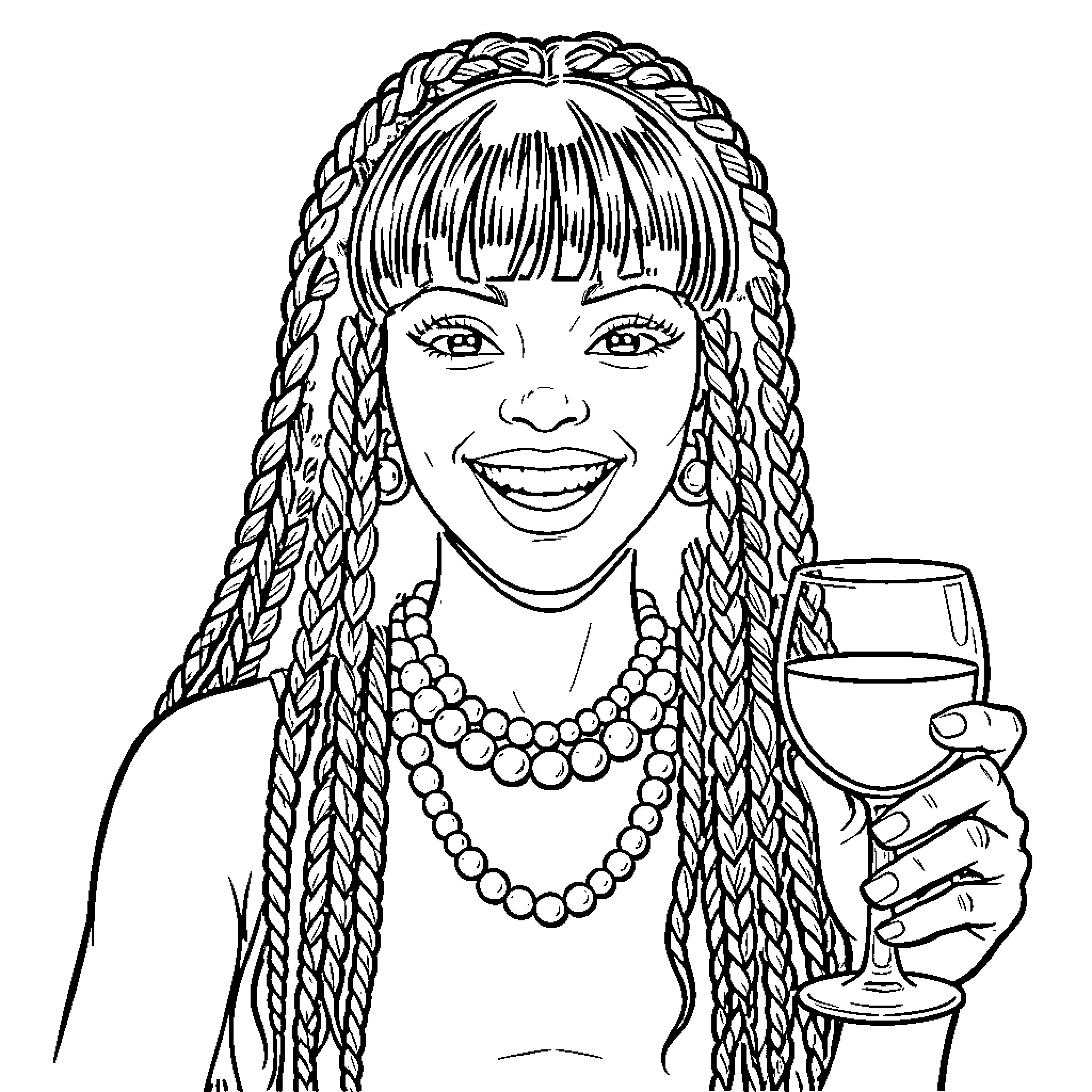 Afroqueen Celebrating with a Glass of Wine Coloring Page (free black-and-white line drawing printable PDF for all, from beginners to advanced learners, including children, teens, adults, and seniors)