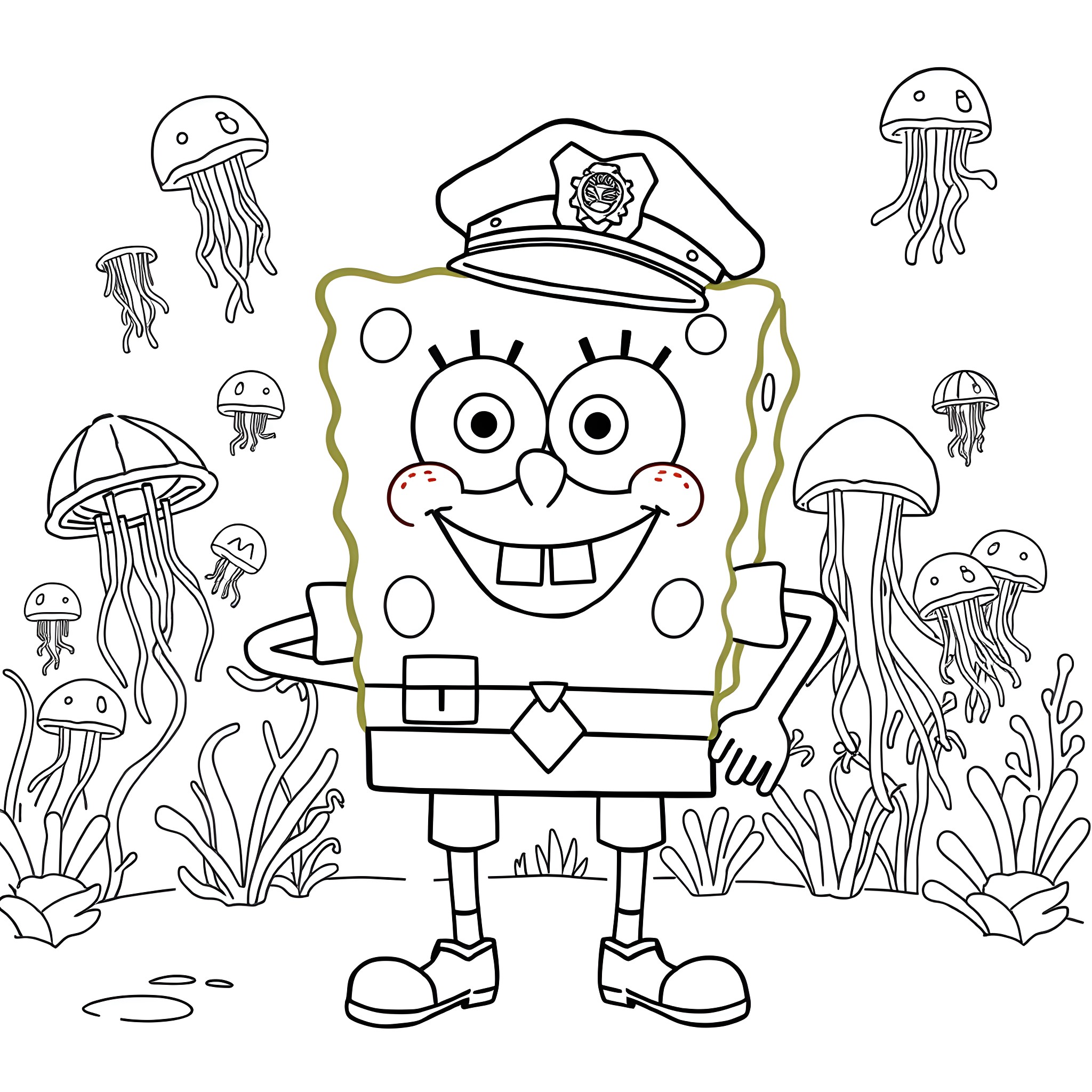 Spongebob in a colorful underwater scene Coloring Page (free black-and-white line drawing printable PDF for all, from beginners to advanced learners, including children, teens, adults, and seniors)