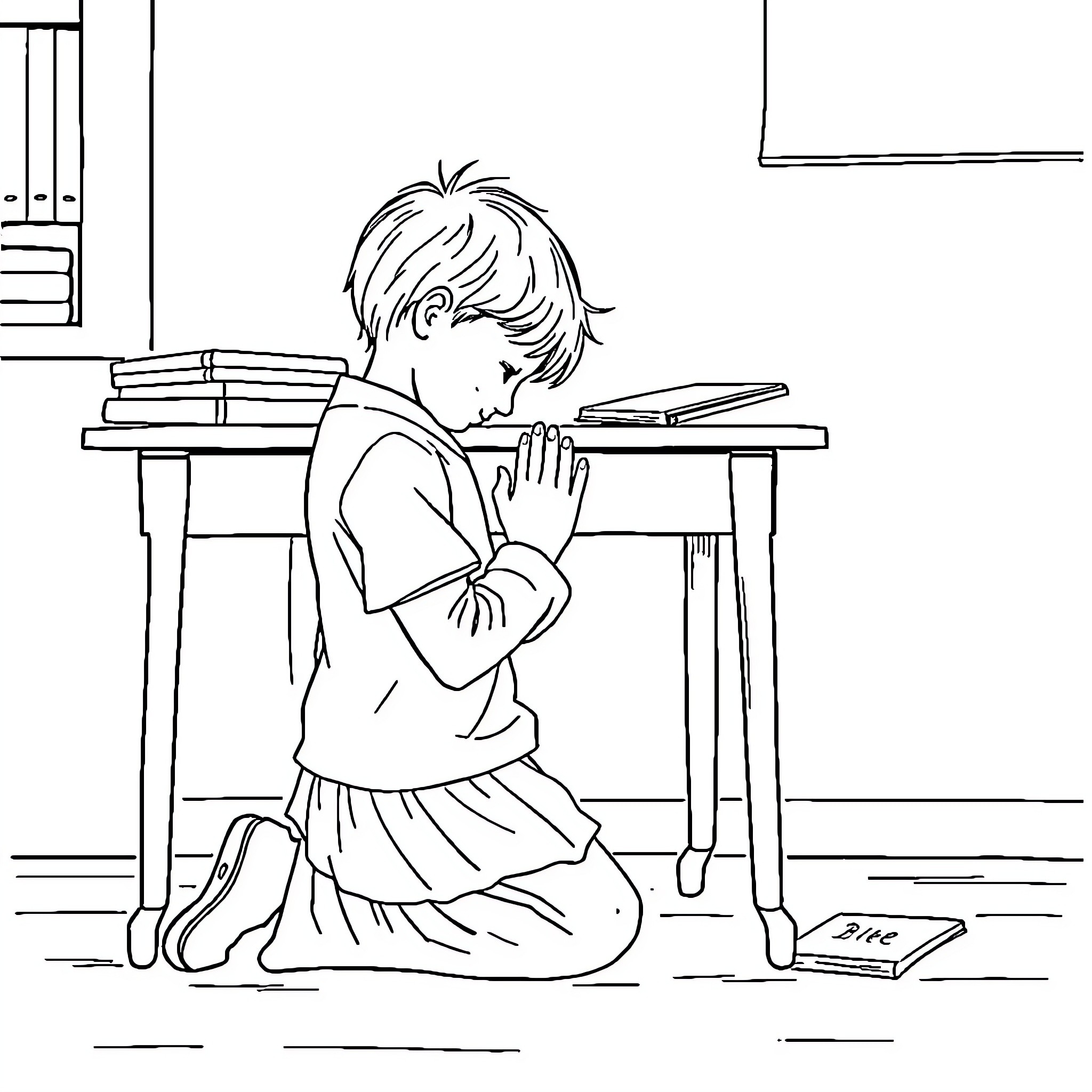 Student in Contemplative Pose at Study Desk Coloring Page (free black-and-white line drawing printable PDF for all, from beginners to advanced learners, including children, teens, adults, and seniors)
