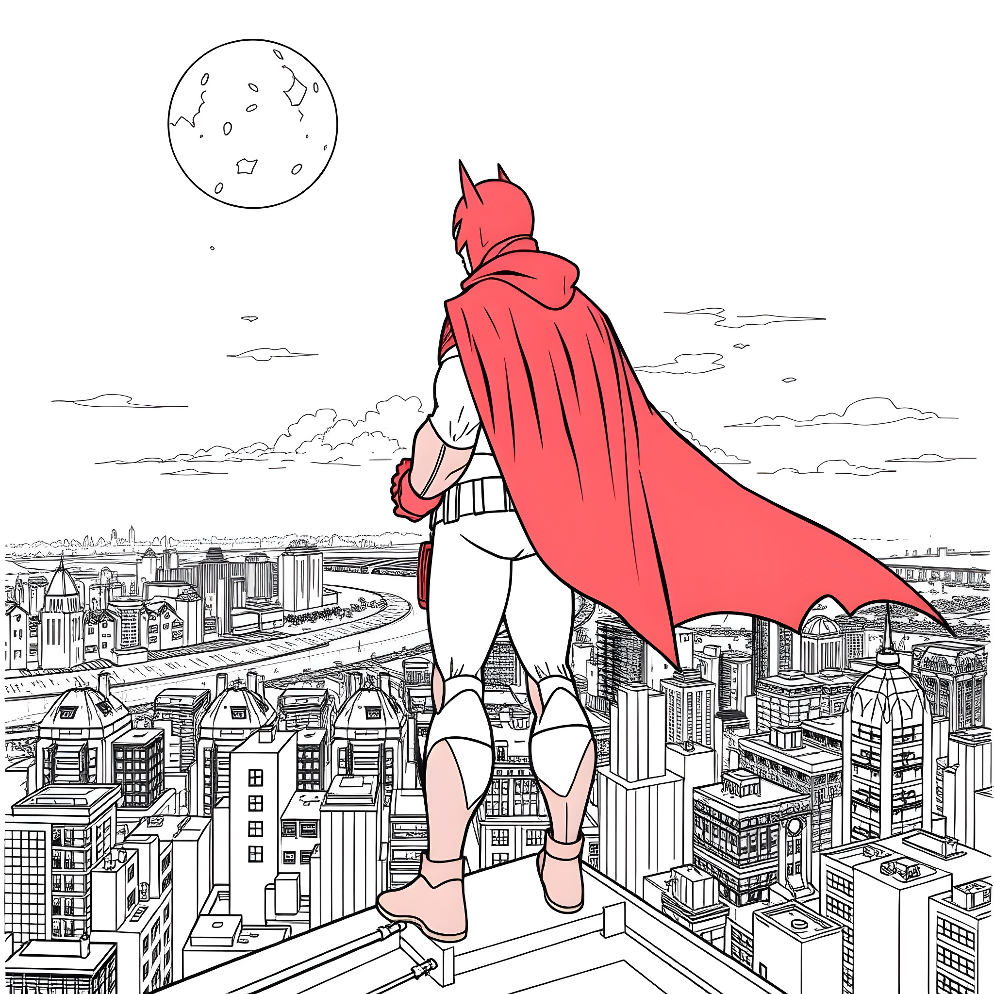 Red Hood overlooking the city skyline Coloring Page (free black-and-white line drawing printable PDF for all, from beginners to advanced learners, including children, teens, adults, and seniors)