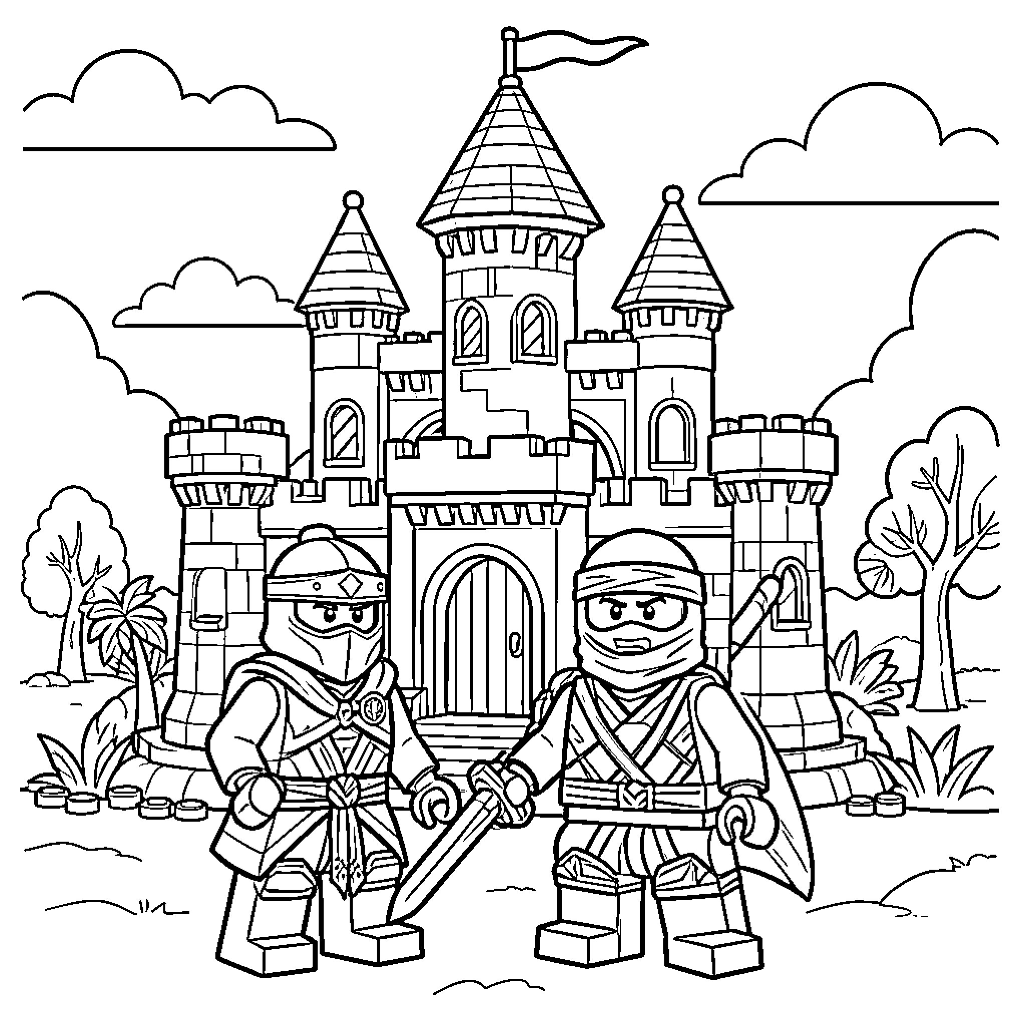 Knight figures guarding a large medieval castle Coloring Page (free black-and-white line drawing printable PDF for all, from beginners to advanced learners, including children, teens, adults, and seniors)