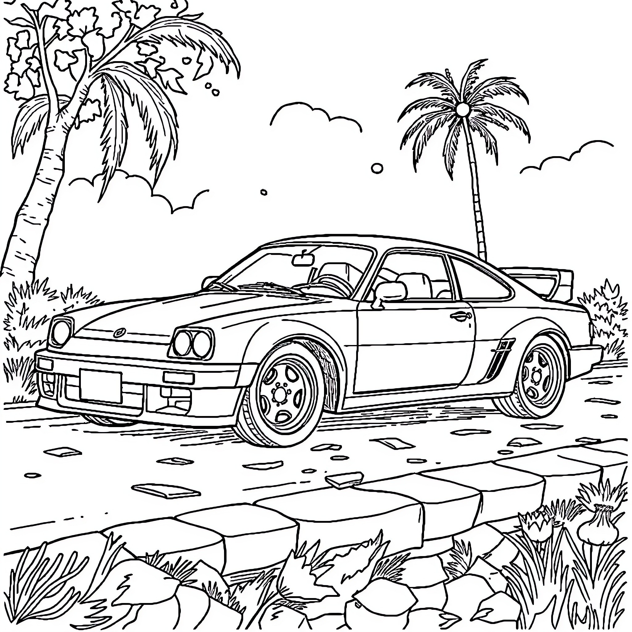 Formula 1 sports car on tropical beach Coloring Page (free black-and-white line drawing printable PDF for all, from beginners to advanced learners, including children, teens, adults, and seniors)