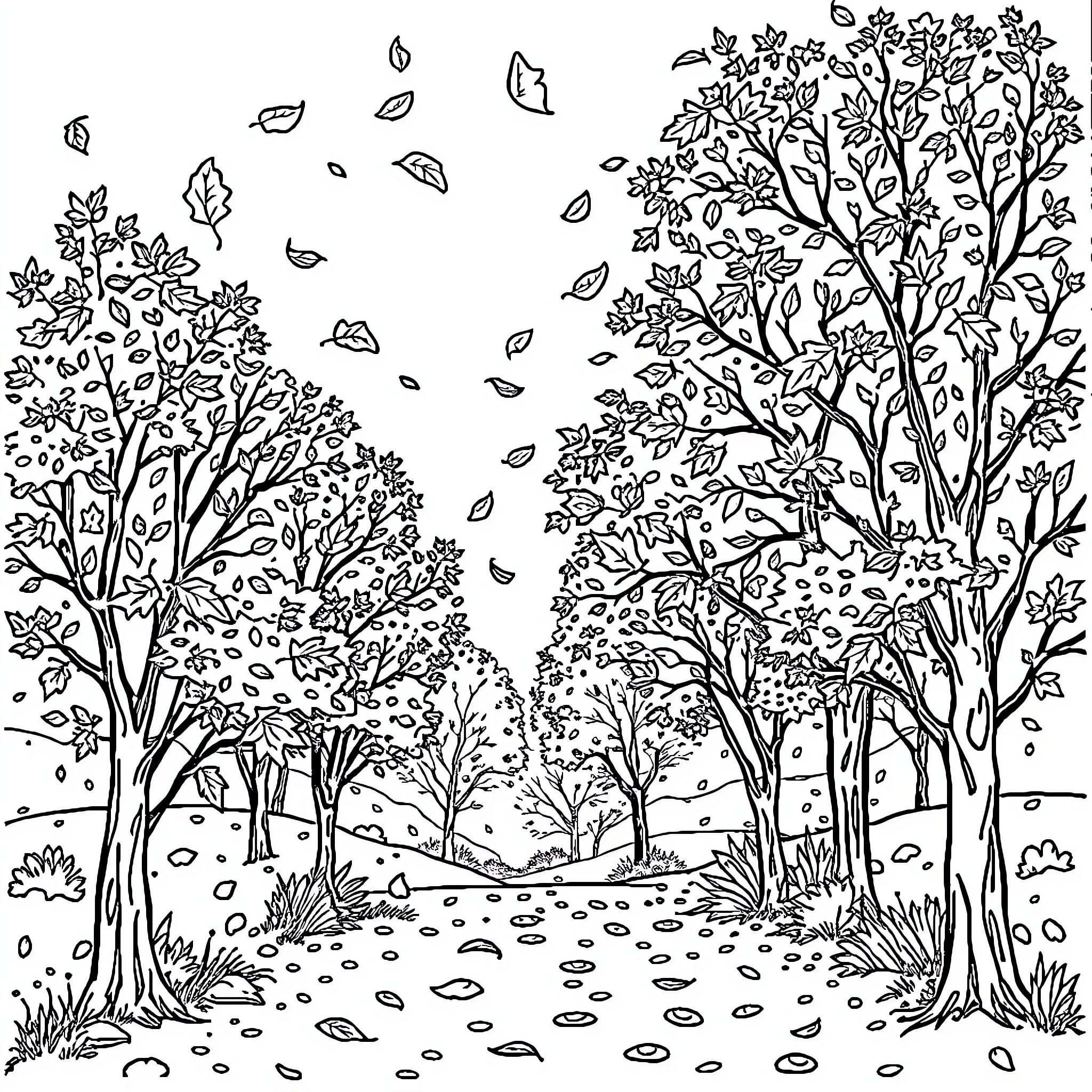 Autumn Landscape with Leafy Trees and Falling Leaves Coloring Page (free black-and-white line drawing printable PDF for all, from beginners to advanced learners, including children, teens, adults, and seniors)