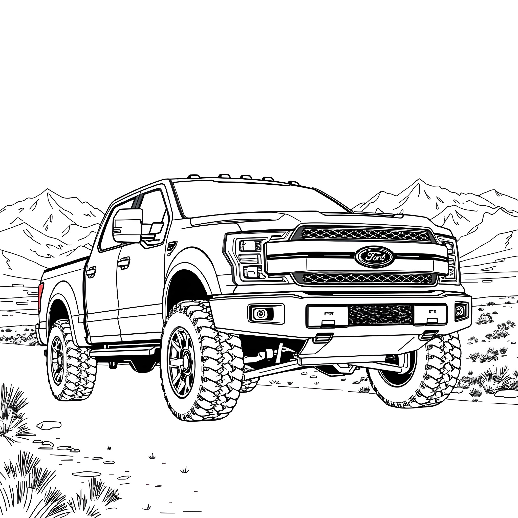 Pickup Truck in Rugged Outdoors Coloring Page (free black-and-white line drawing printable PDF for all, from beginners to advanced learners, including children, teens, adults, and seniors)
