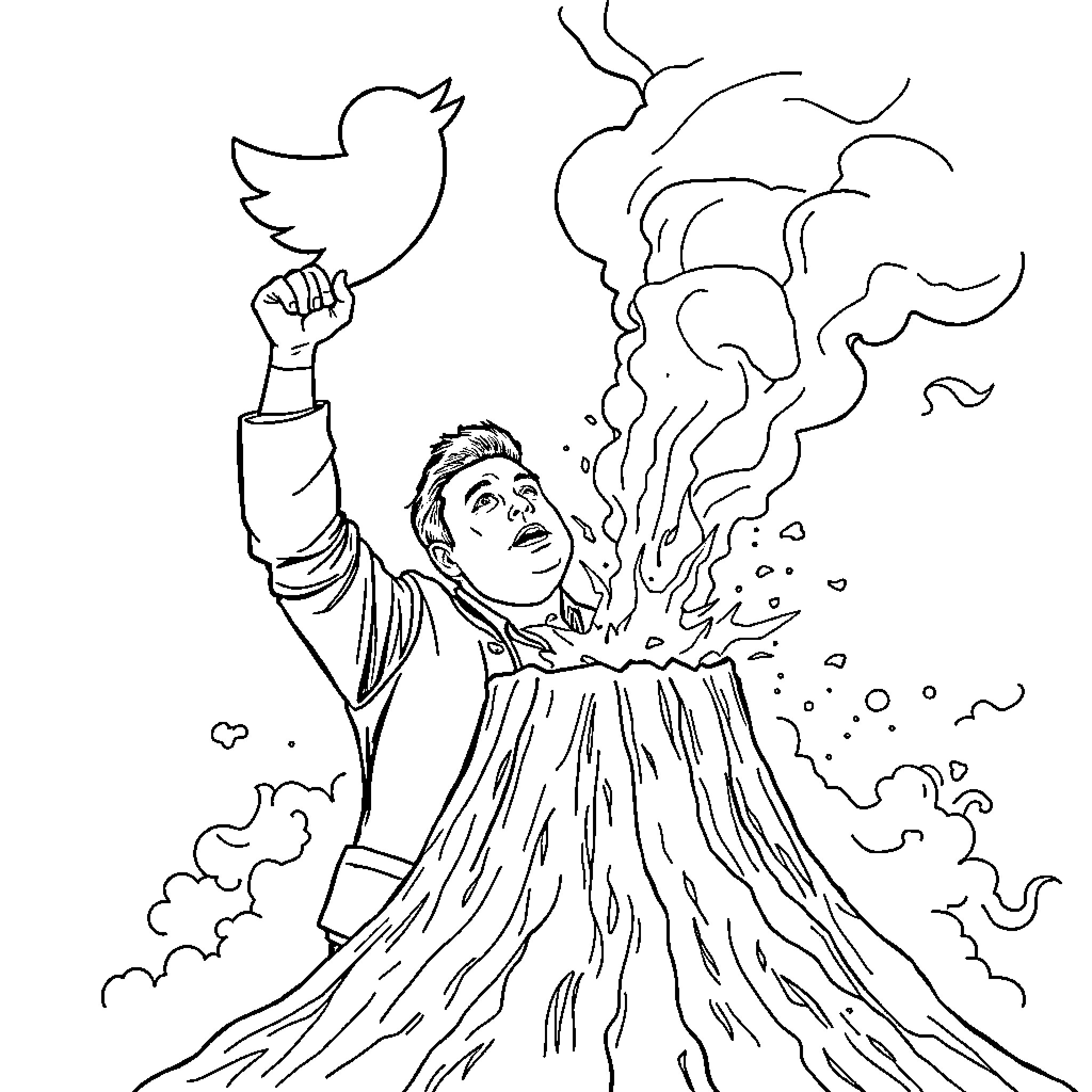 Elon Musk Tweeting from the Clouds Coloring Page (free black-and-white line drawing printable PDF for all, from beginners to advanced learners, including children, teens, adults, and seniors)