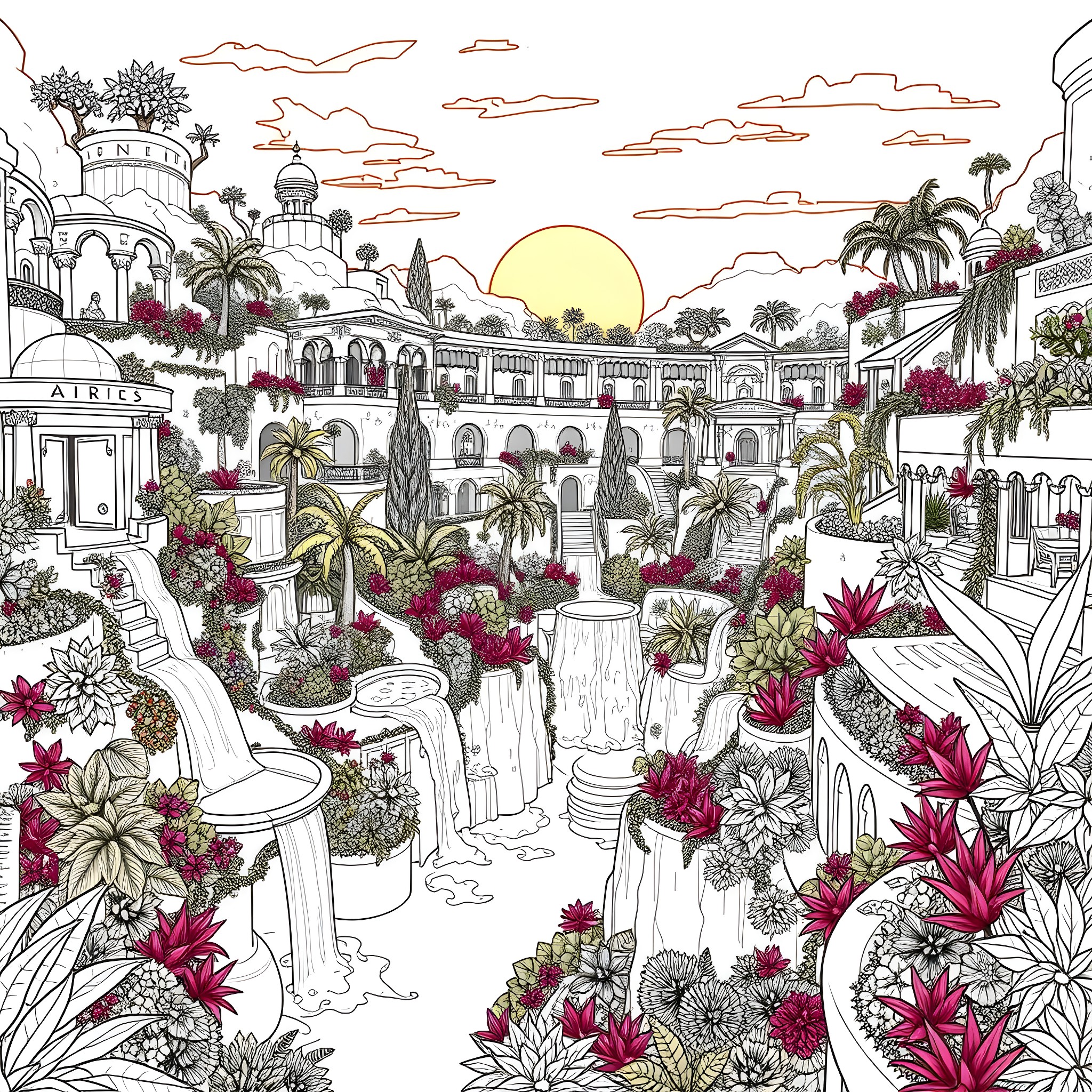 Garden with Ornate Buildings and Flowering Plants Coloring Page (free black-and-white line drawing printable PDF for all, from beginners to advanced learners, including children, teens, adults, and seniors)
