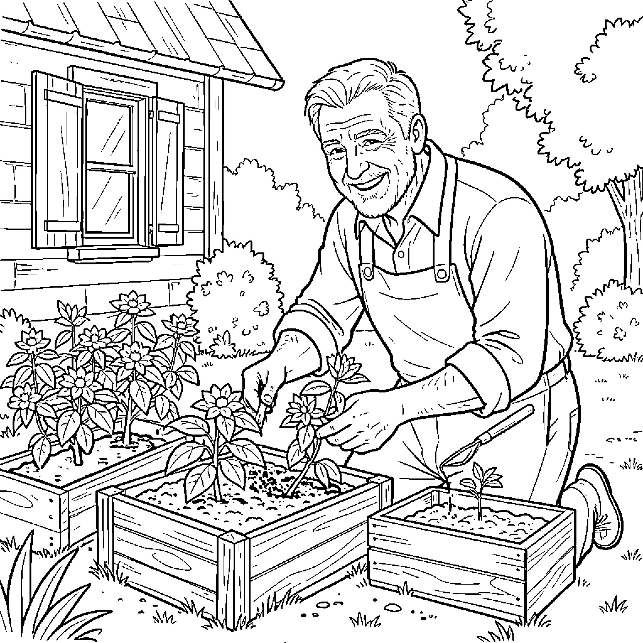 Gardener tending to his floral garden Coloring Page (free black-and-white line drawing printable PDF for all, from beginners to advanced learners, including children, teens, adults, and seniors)