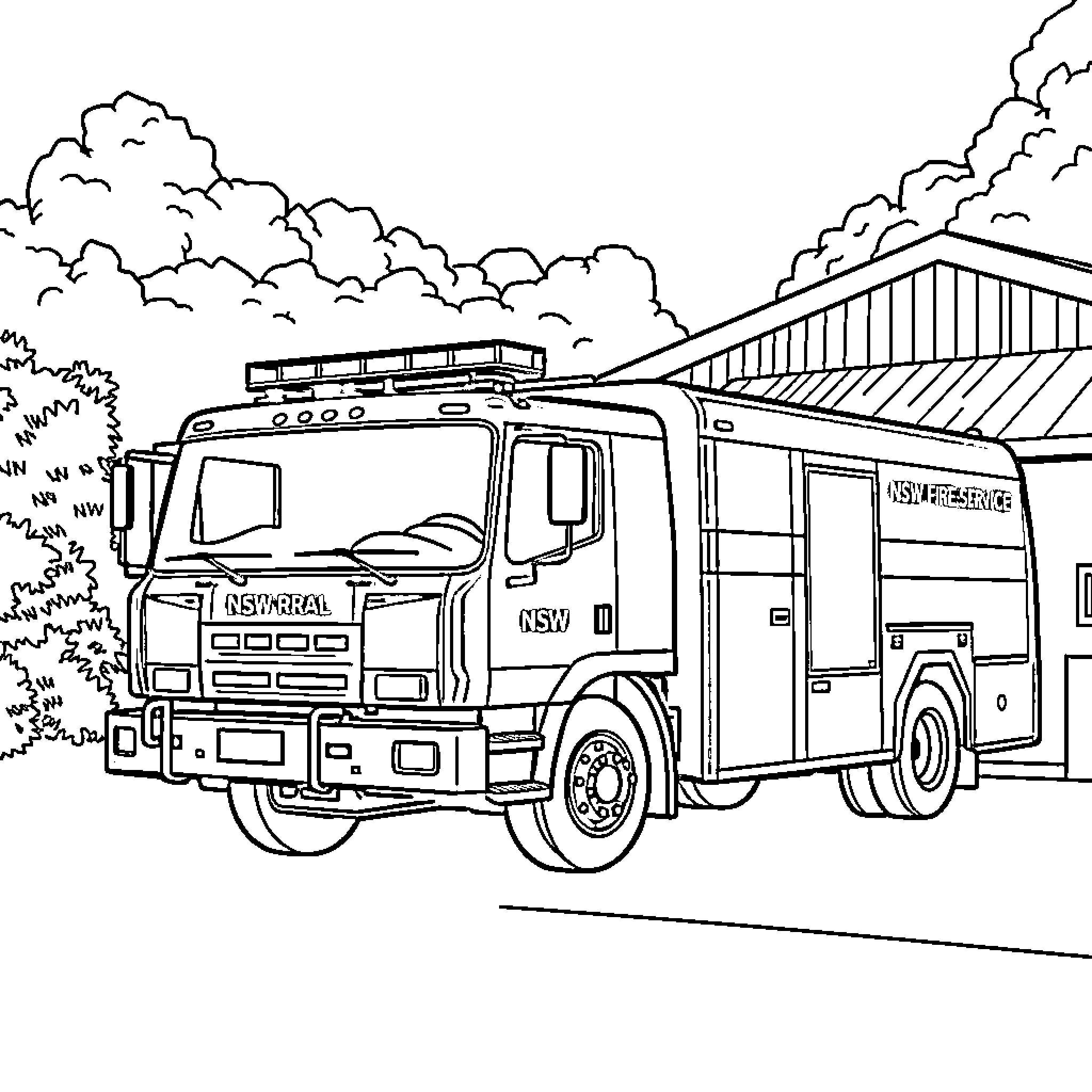 Fire Truck Responding to Emergency Call Coloring Page (free black-and-white line drawing printable PDF for all, from beginners to advanced learners, including children, teens, adults, and seniors)