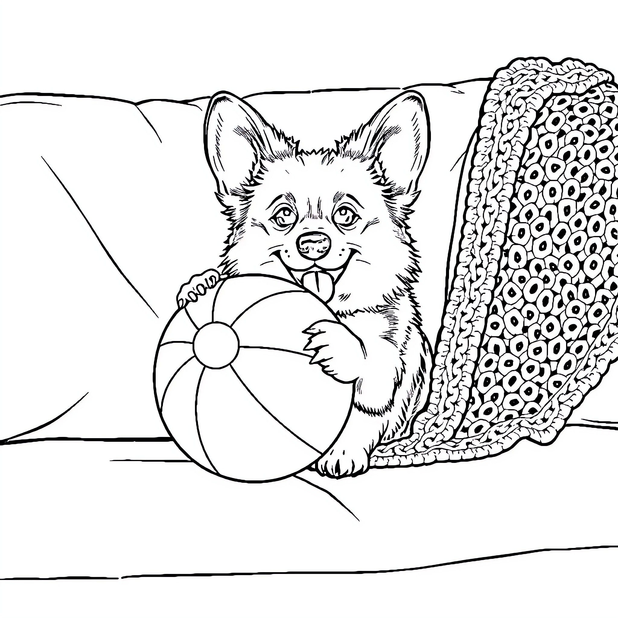 Corgi playing with beach ball on the sand Coloring Page (free black-and-white line drawing printable PDF for all, from beginners to advanced learners, including children, teens, adults, and seniors)