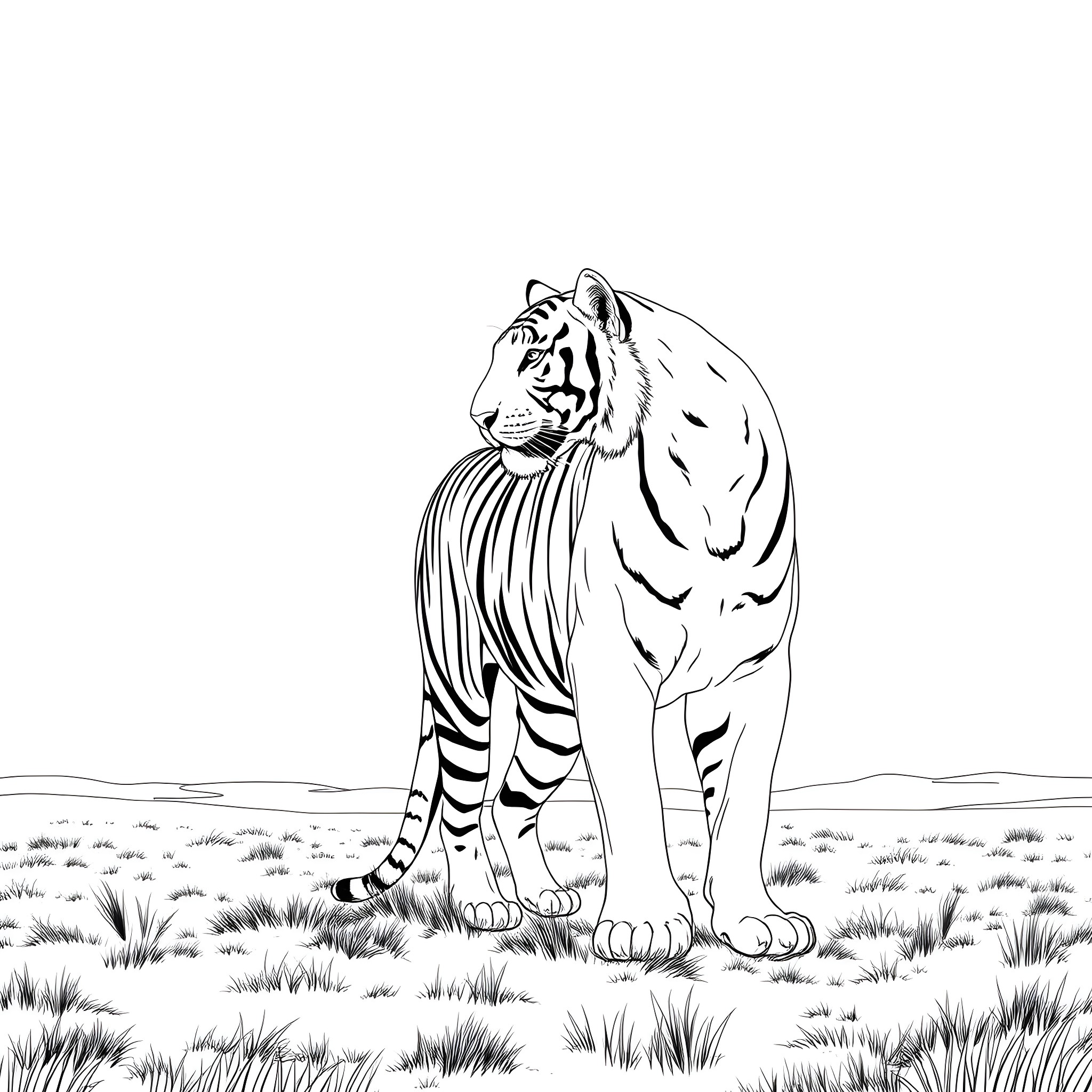 Tiger standing alert in the wild Coloring Page (free black-and-white line drawing printable PDF for all, from beginners to advanced learners, including children, teens, adults, and seniors)