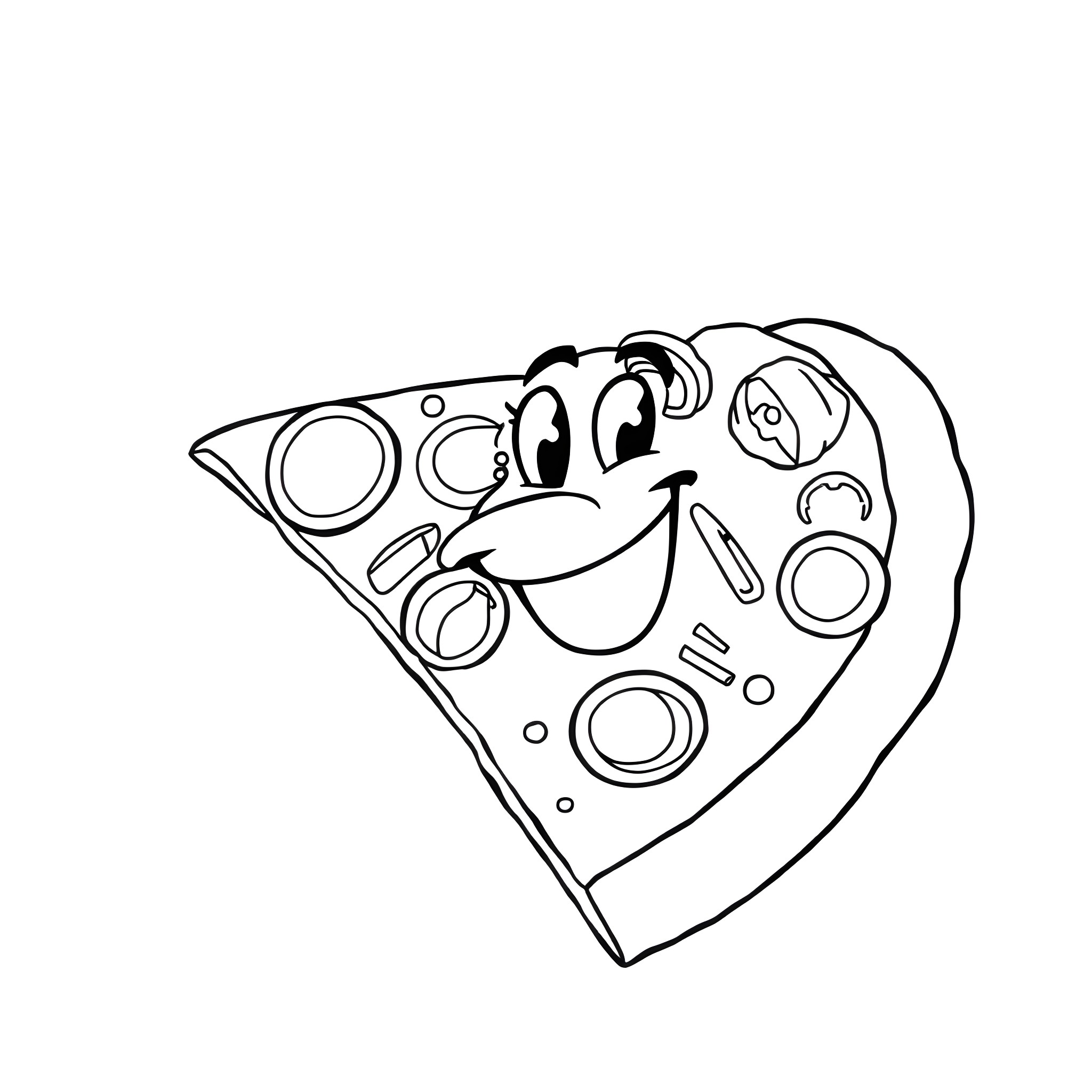 Pizza Slice with Cute Cartoon Face Coloring Page (free black-and-white line drawing printable PDF for all, from beginners to advanced learners, including children, teens, adults, and seniors)