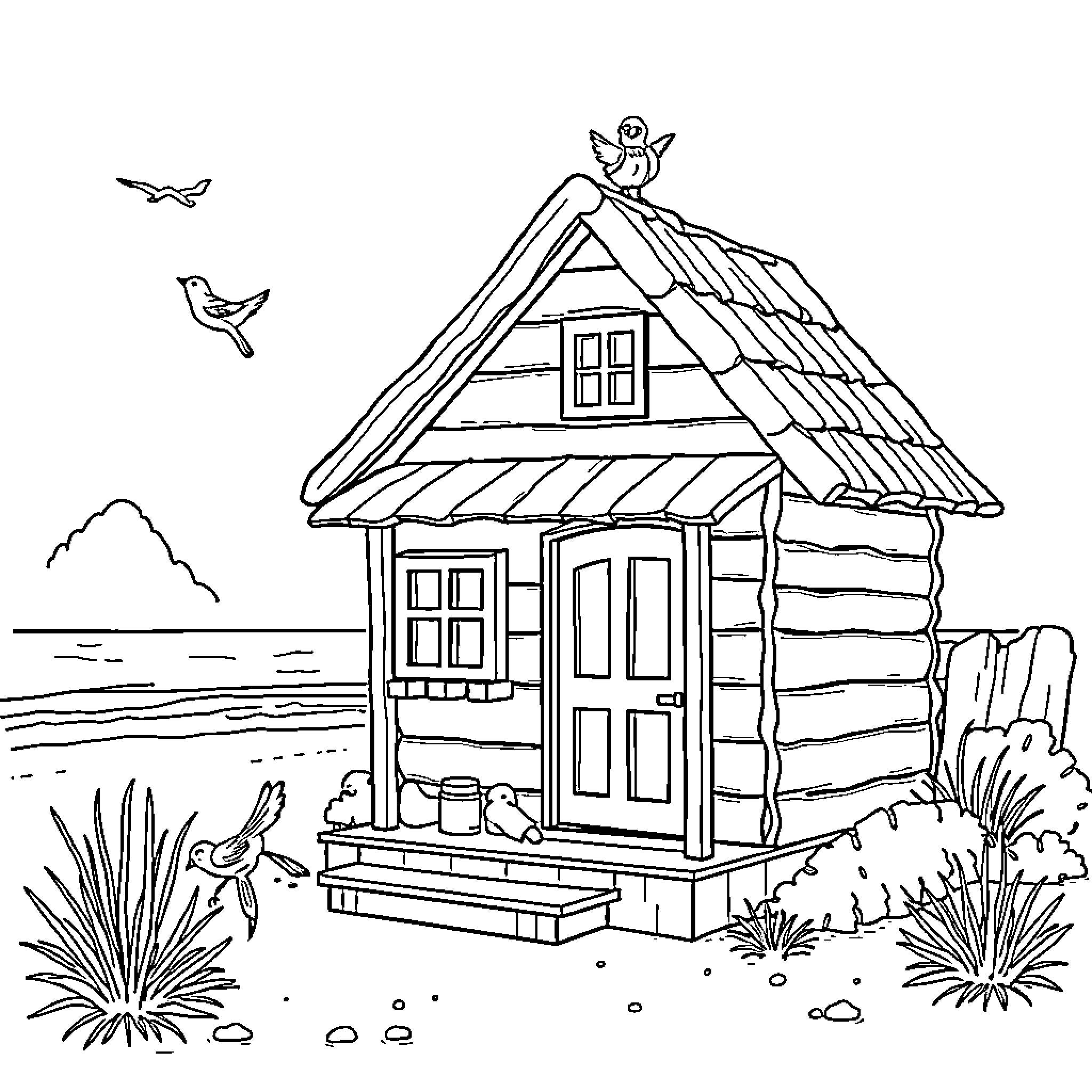 Casa - Quaint Countryside Cabin Nestled in Nature Coloring Page (free black-and-white line drawing printable PDF for all, from beginners to advanced learners, including children, teens, adults, and seniors)