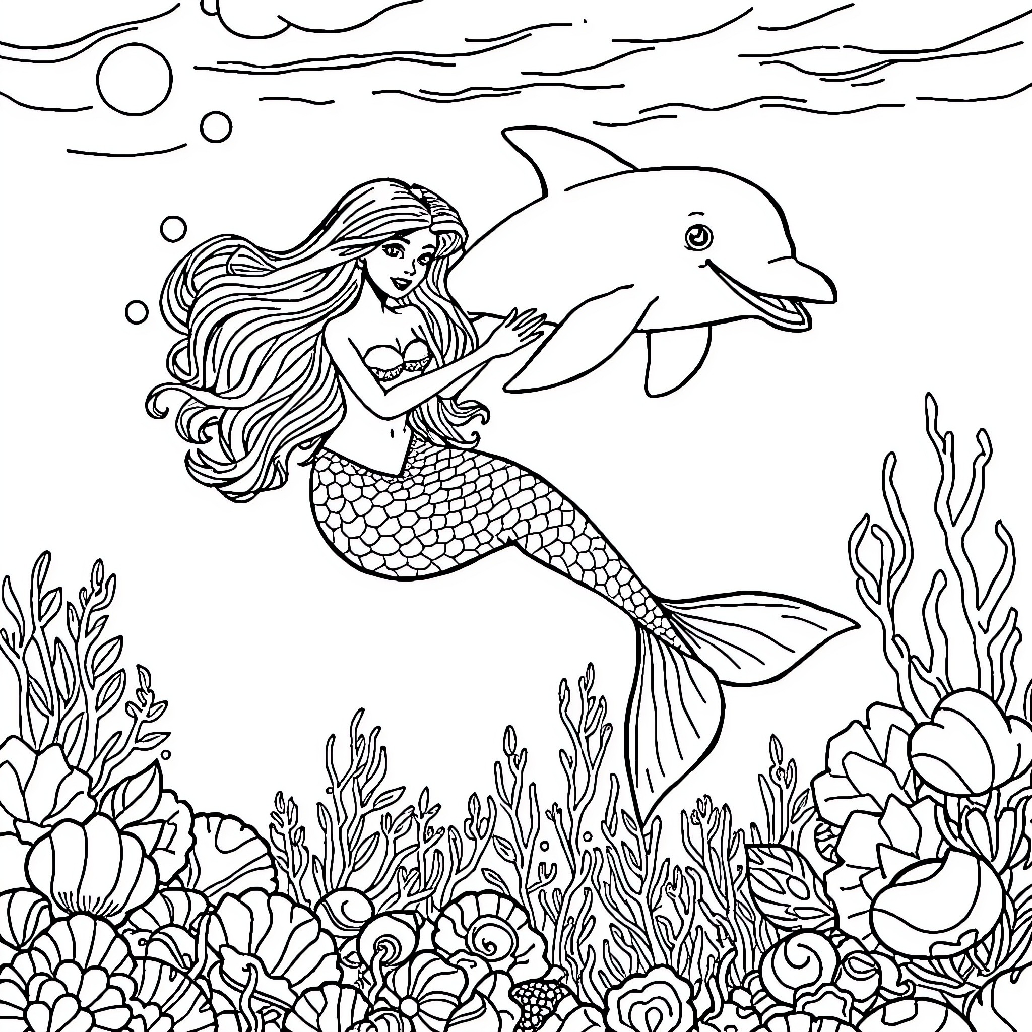 Mermaid swimming with a friendly dolphin Coloring Page (free black-and-white line drawing printable PDF for all, from beginners to advanced learners, including children, teens, adults, and seniors)