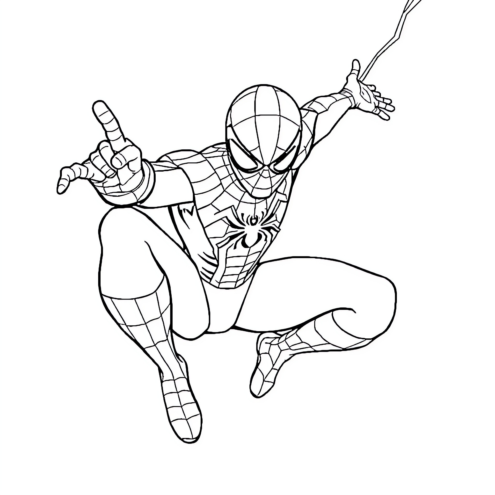 Spider-Man swinging into action with heroic pose Coloring Page (free black-and-white line drawing printable PDF for all, from beginners to advanced learners, including children, teens, adults, and seniors)