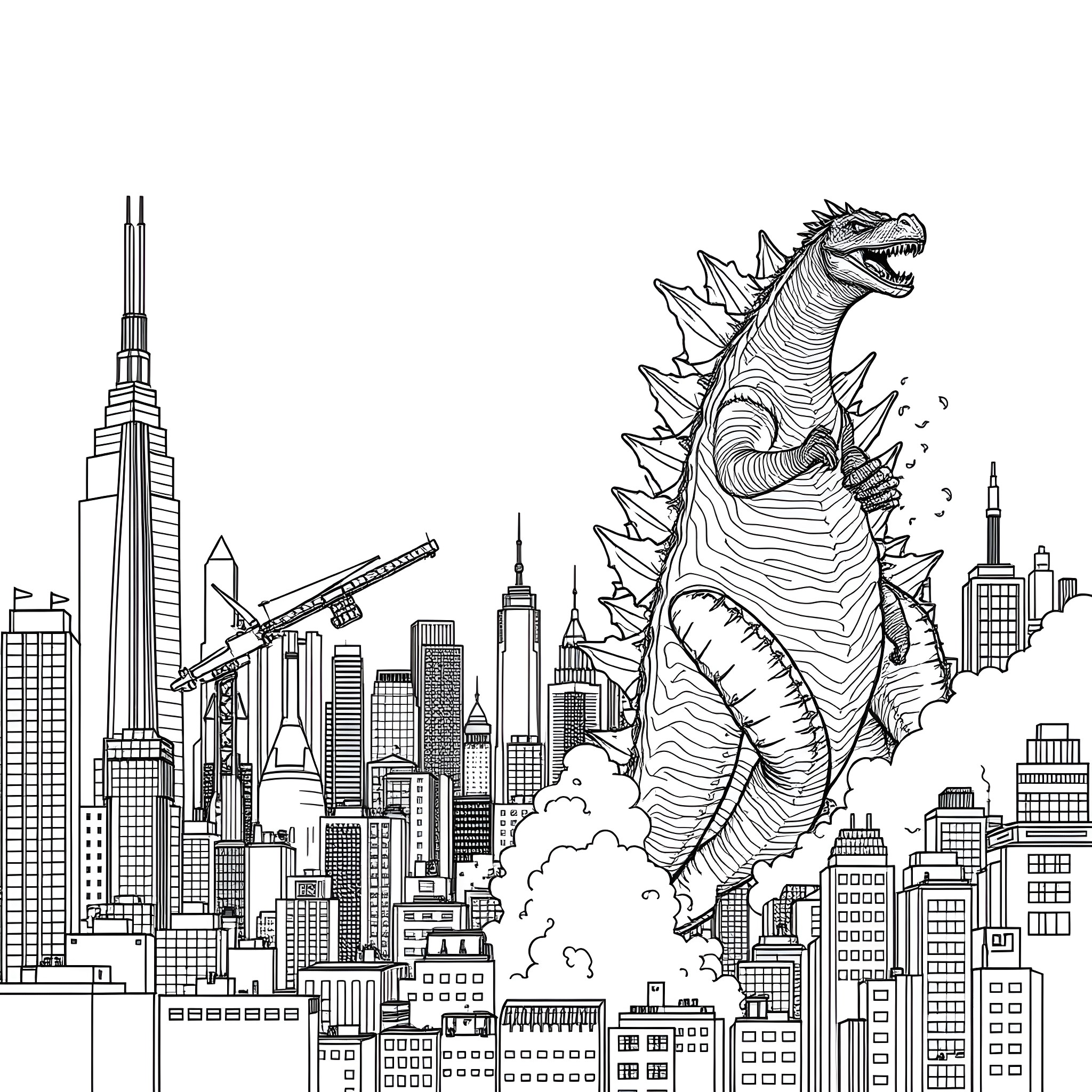 Godzilla Rampaging Through the City Coloring Page (free black-and-white line drawing printable PDF for all, from beginners to advanced learners, including children, teens, adults, and seniors)