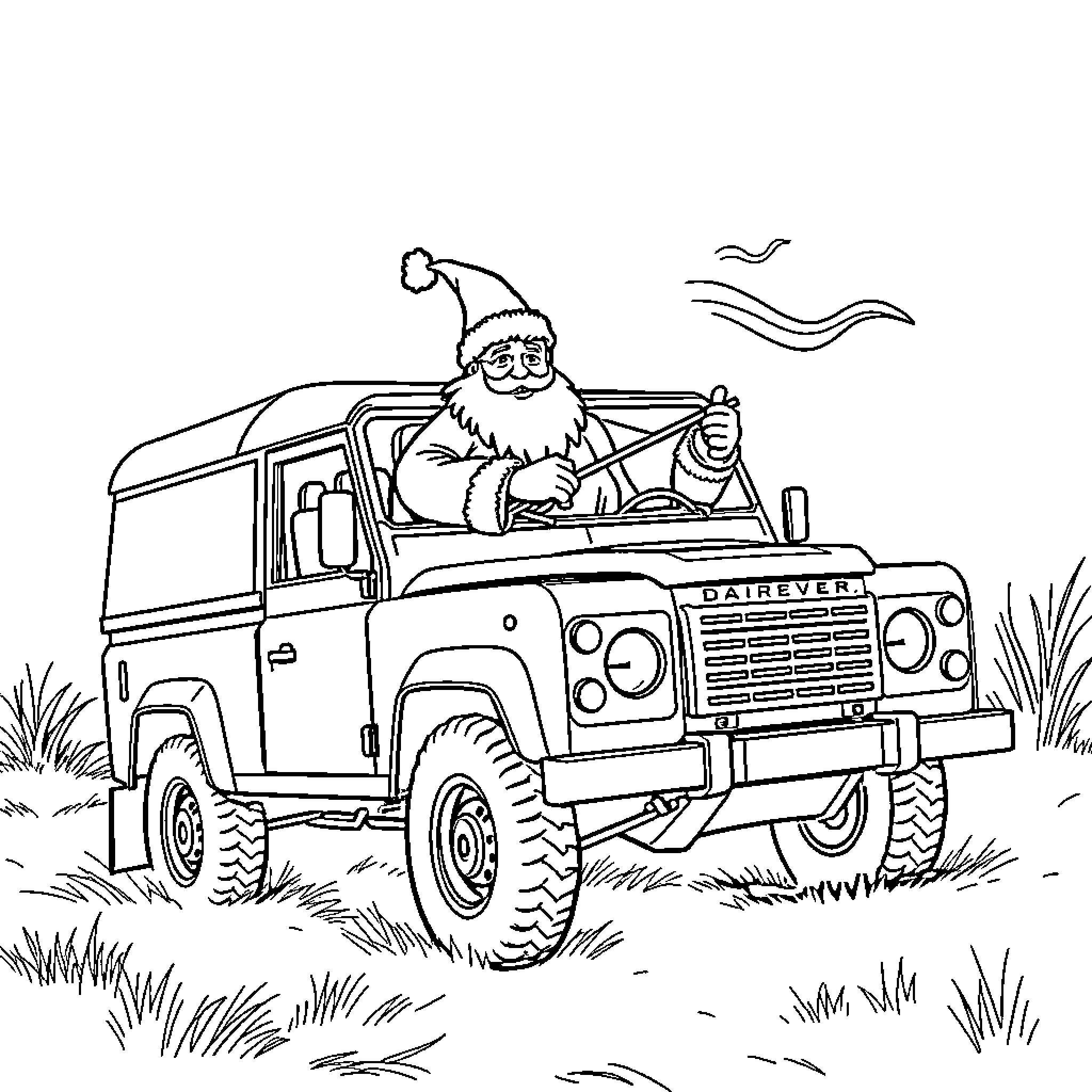 Sinterklaas riding in a rugged off-road vehicle Coloring Page (free black-and-white line drawing printable PDF for all, from beginners to advanced learners, including children, teens, adults, and seniors)