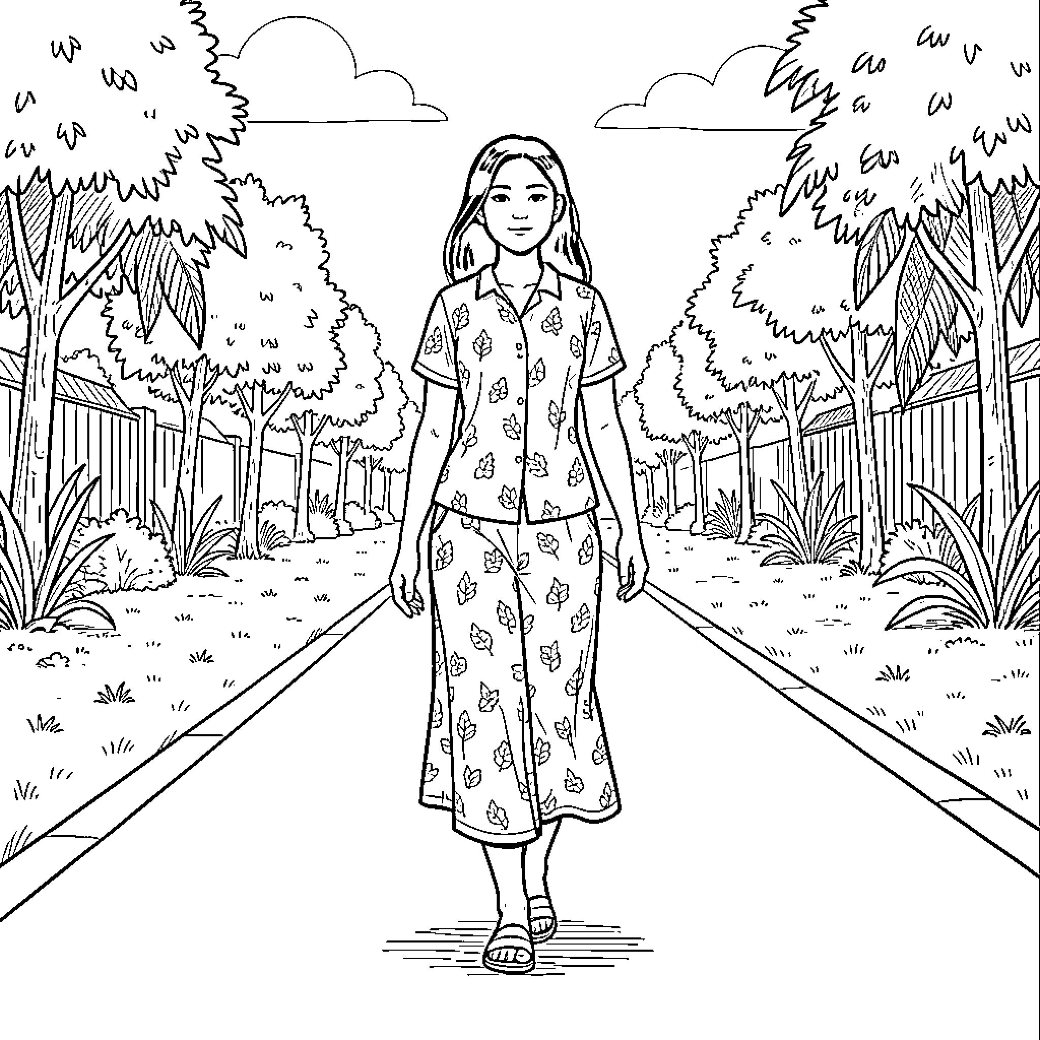 Femme walking peacefully along a tree-lined path Coloring Page (free black-and-white line drawing printable PDF for all, from beginners to advanced learners, including children, teens, adults, and seniors)