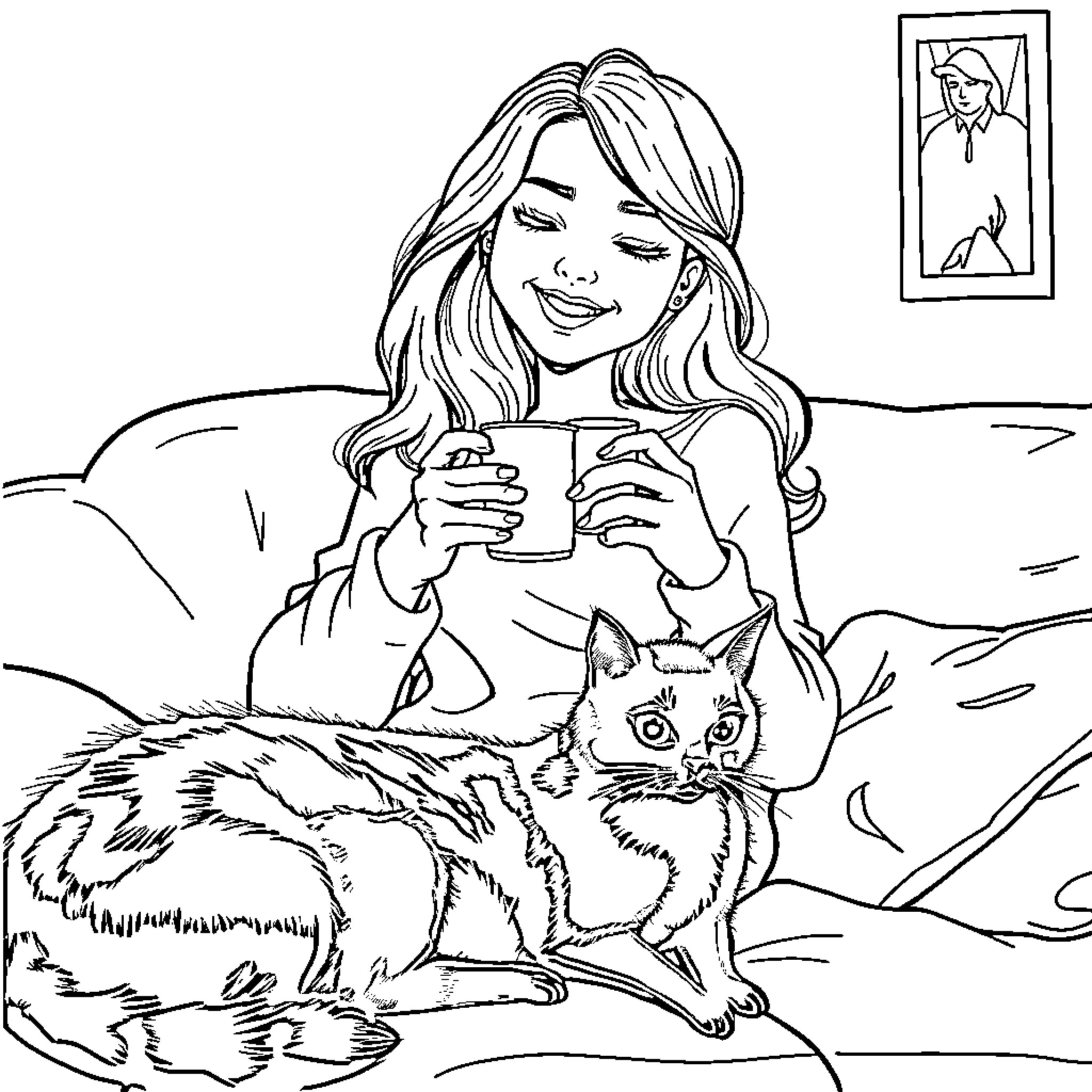 Girl relaxing with her cat on the couch Coloring Page (free black-and-white line drawing printable PDF for all, from beginners to advanced learners, including children, teens, adults, and seniors)
