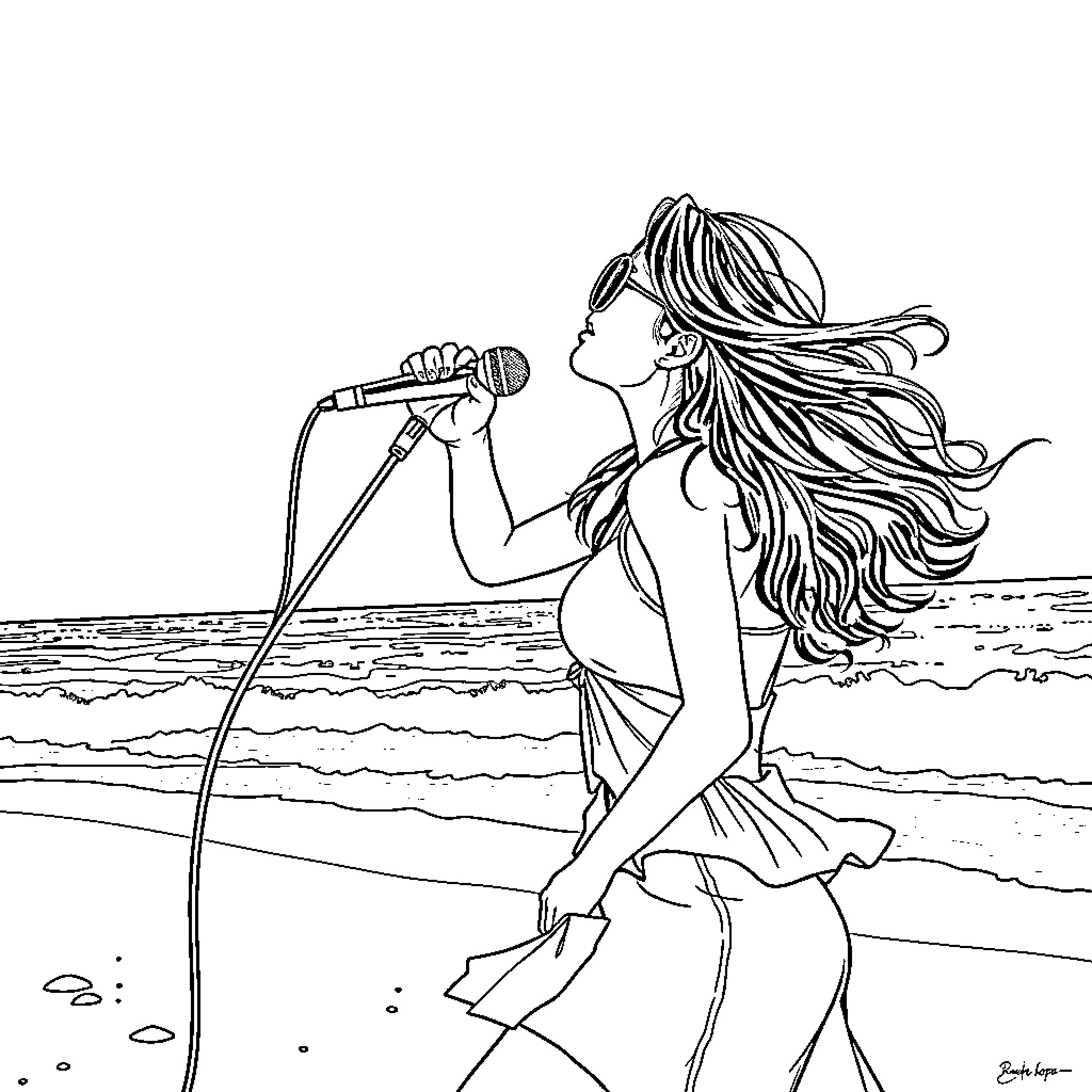 Rumi singing by the ocean Coloring Page (free black-and-white line drawing printable PDF for all, from beginners to advanced learners, including children, teens, adults, and seniors)