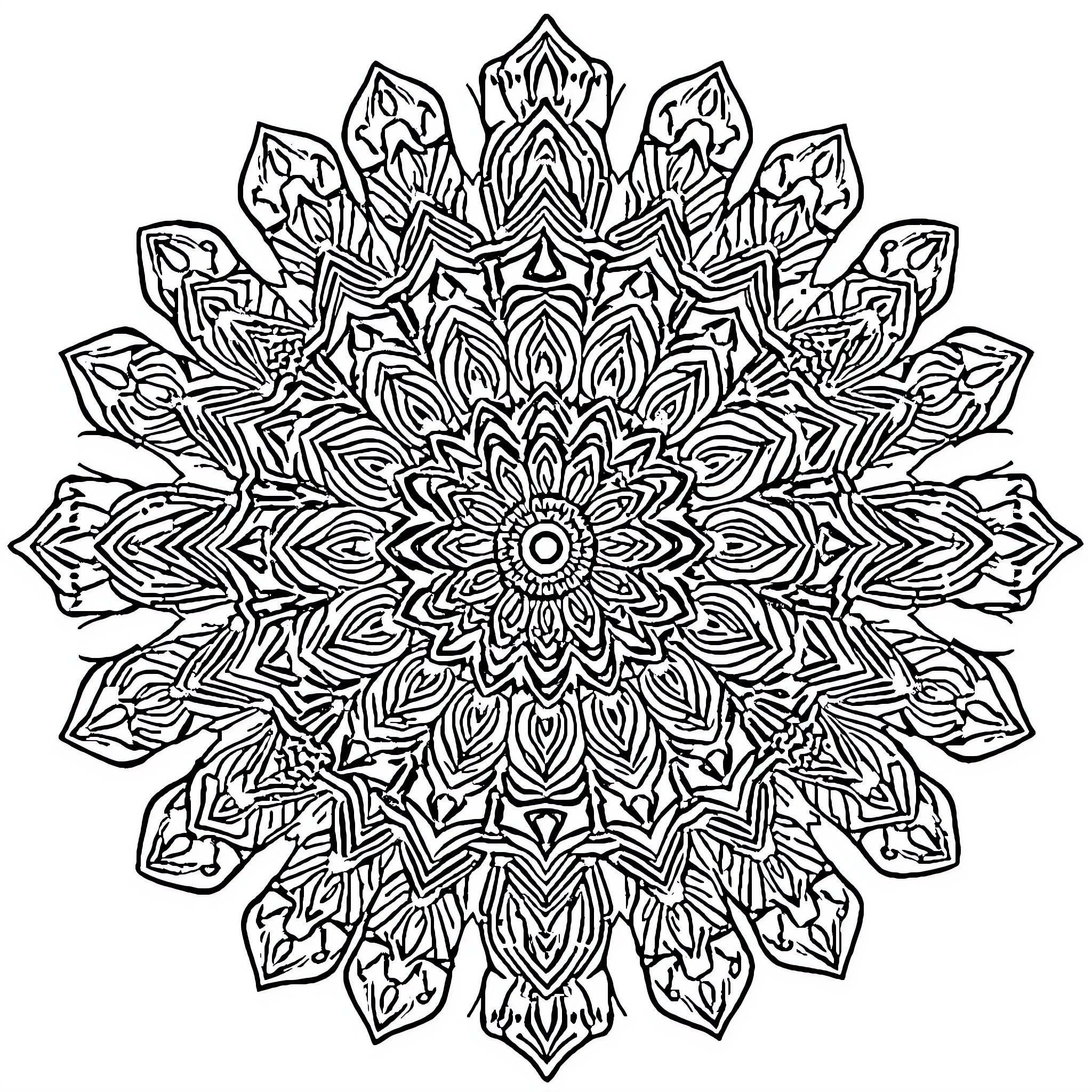 Mandala with intricate floral patterns Coloring Page (free black-and-white line drawing printable PDF for all, from beginners to advanced learners, including children, teens, adults, and seniors)