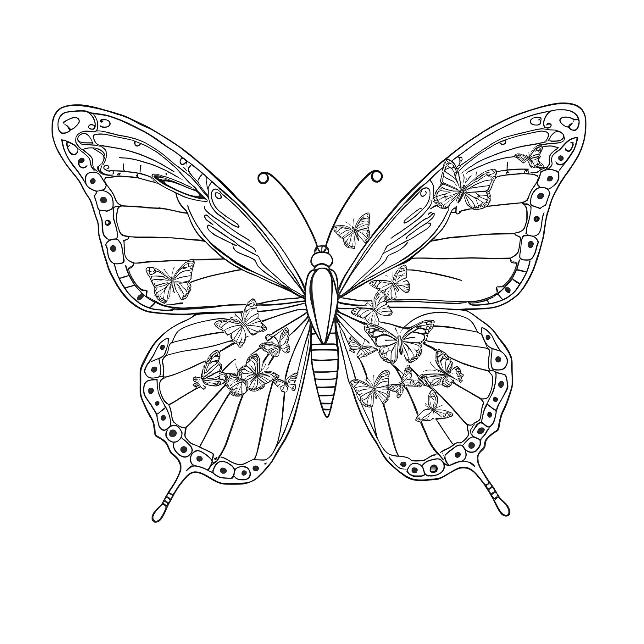Butterfly with intricate wing patterns Coloring Page (free black-and-white line drawing printable PDF for all, from beginners to advanced learners, including children, teens, adults, and seniors)