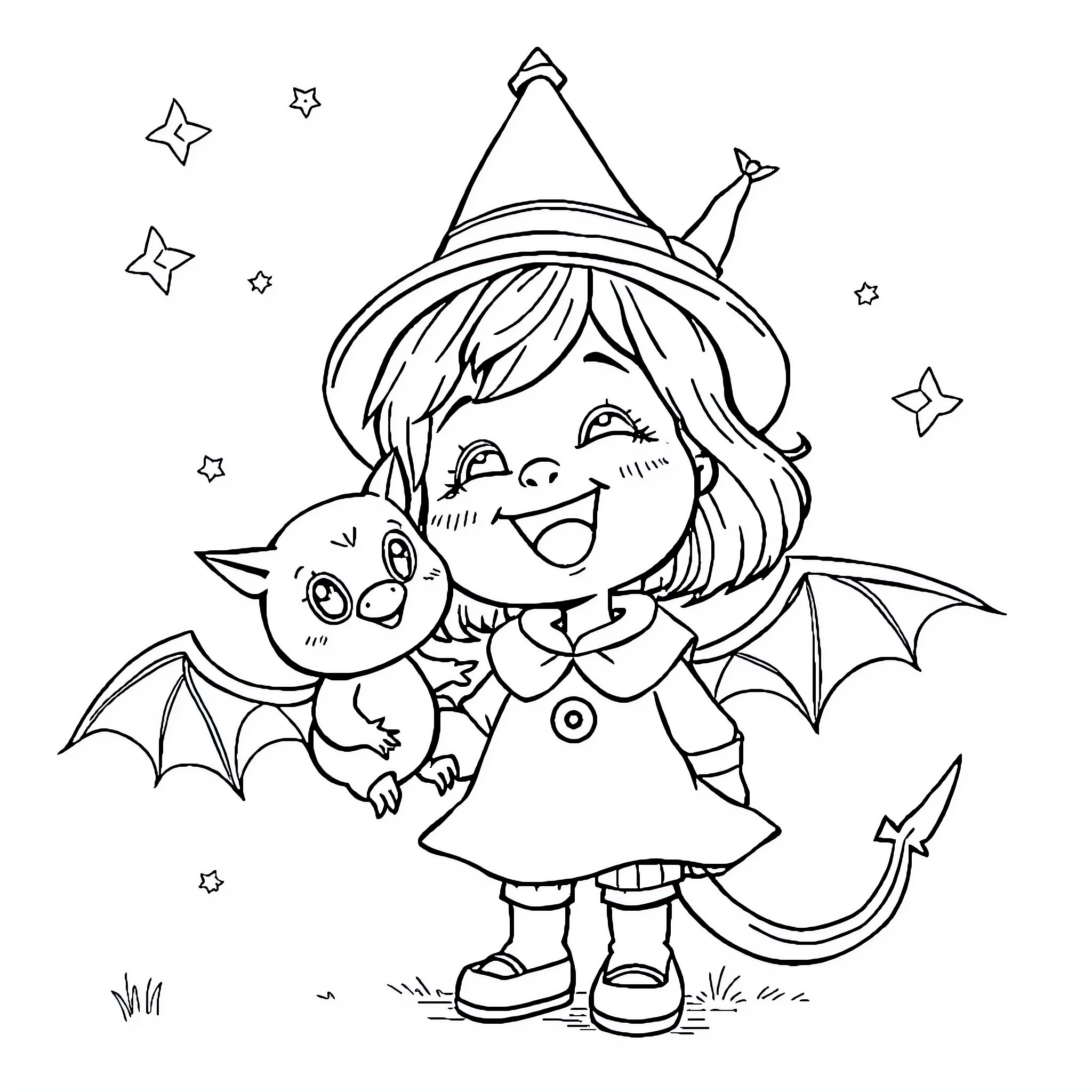 Girl in witch costume playing with pet dragon Coloring Page (free black-and-white line drawing printable PDF for all, from beginners to advanced learners, including children, teens, adults, and seniors)