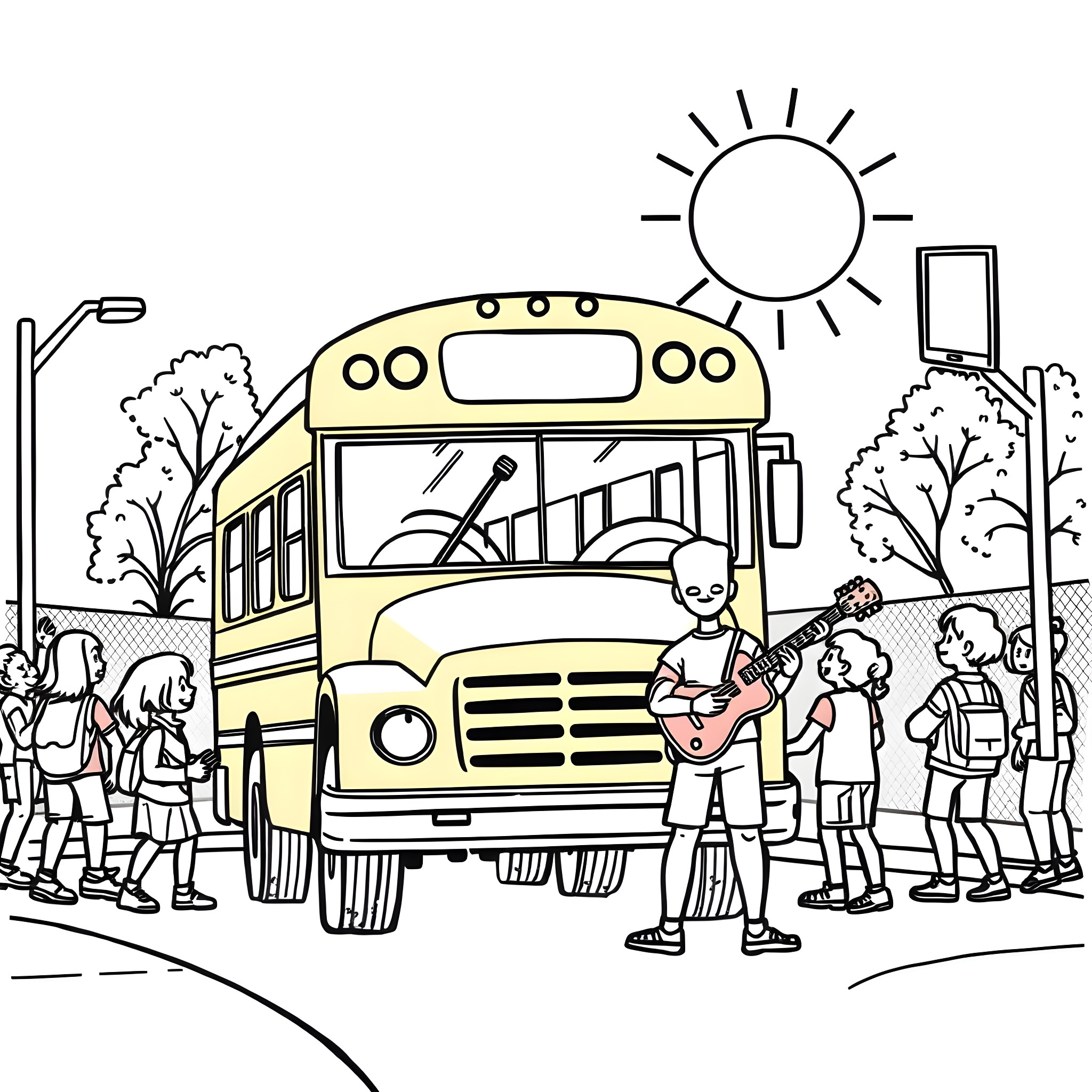 School Bus with Students Enjoying Music Coloring Page (free black-and-white line drawing printable PDF for all, from beginners to advanced learners, including children, teens, adults, and seniors)