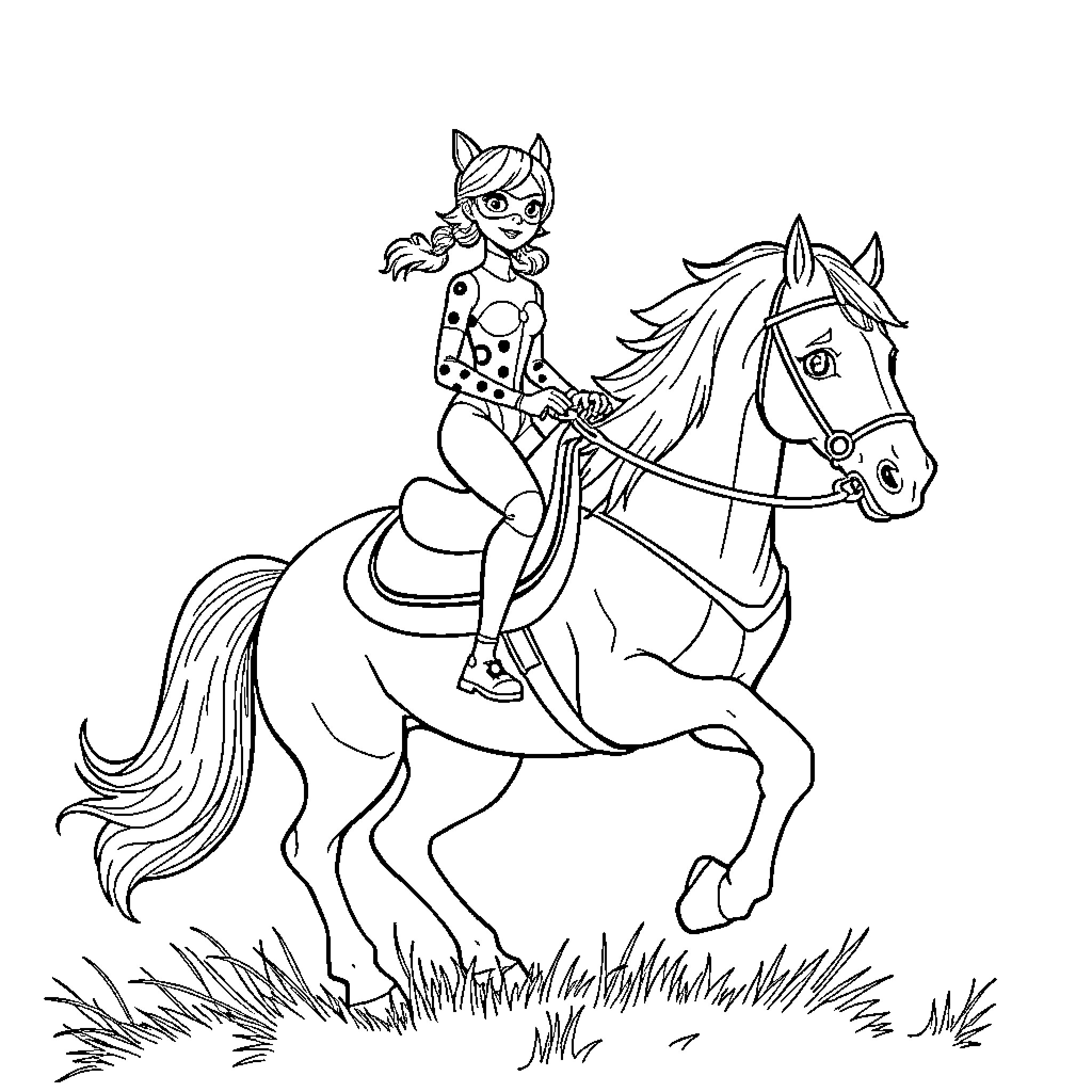 Ladybug riding a horse through the meadow Coloring Page (free black-and-white line drawing printable PDF for all, from beginners to advanced learners, including children, teens, adults, and seniors)