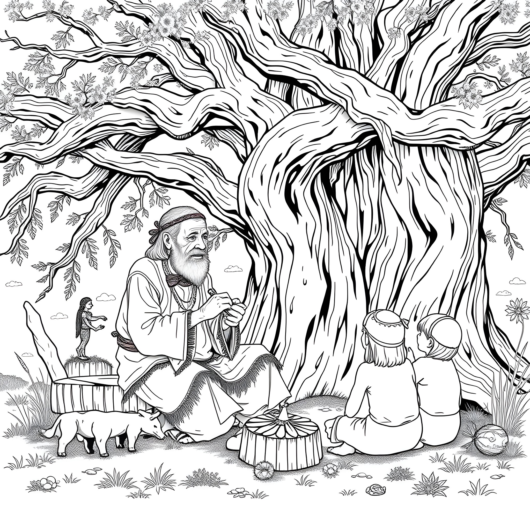 Uktena: Elders Sharing Stories Under the Sprawling Tree Coloring Page (free black-and-white line drawing printable PDF for all, from beginners to advanced learners, including children, teens, adults, and seniors)