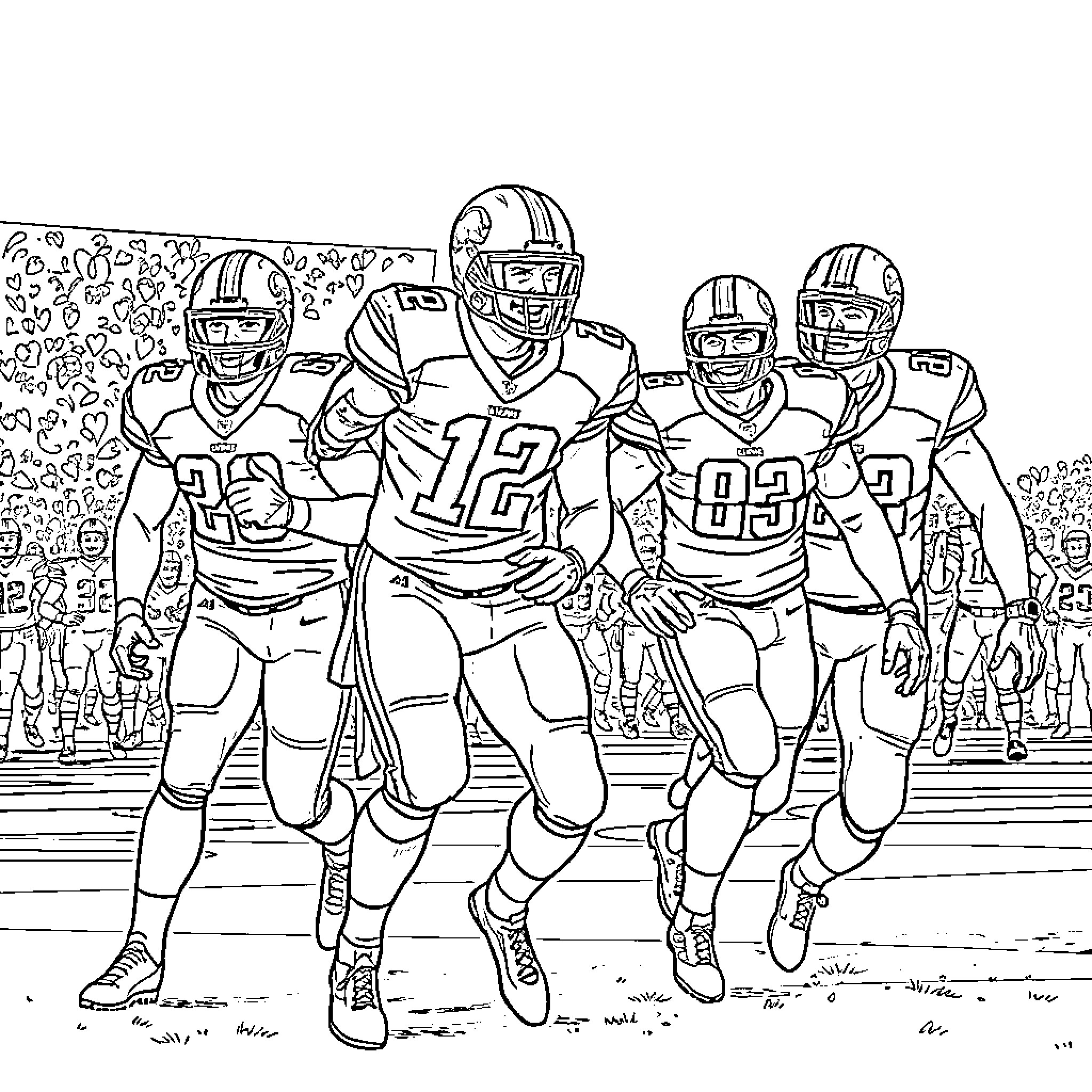 Lion players running on the field Coloring Page (free black-and-white line drawing printable PDF for all, from beginners to advanced learners, including children, teens, adults, and seniors)
