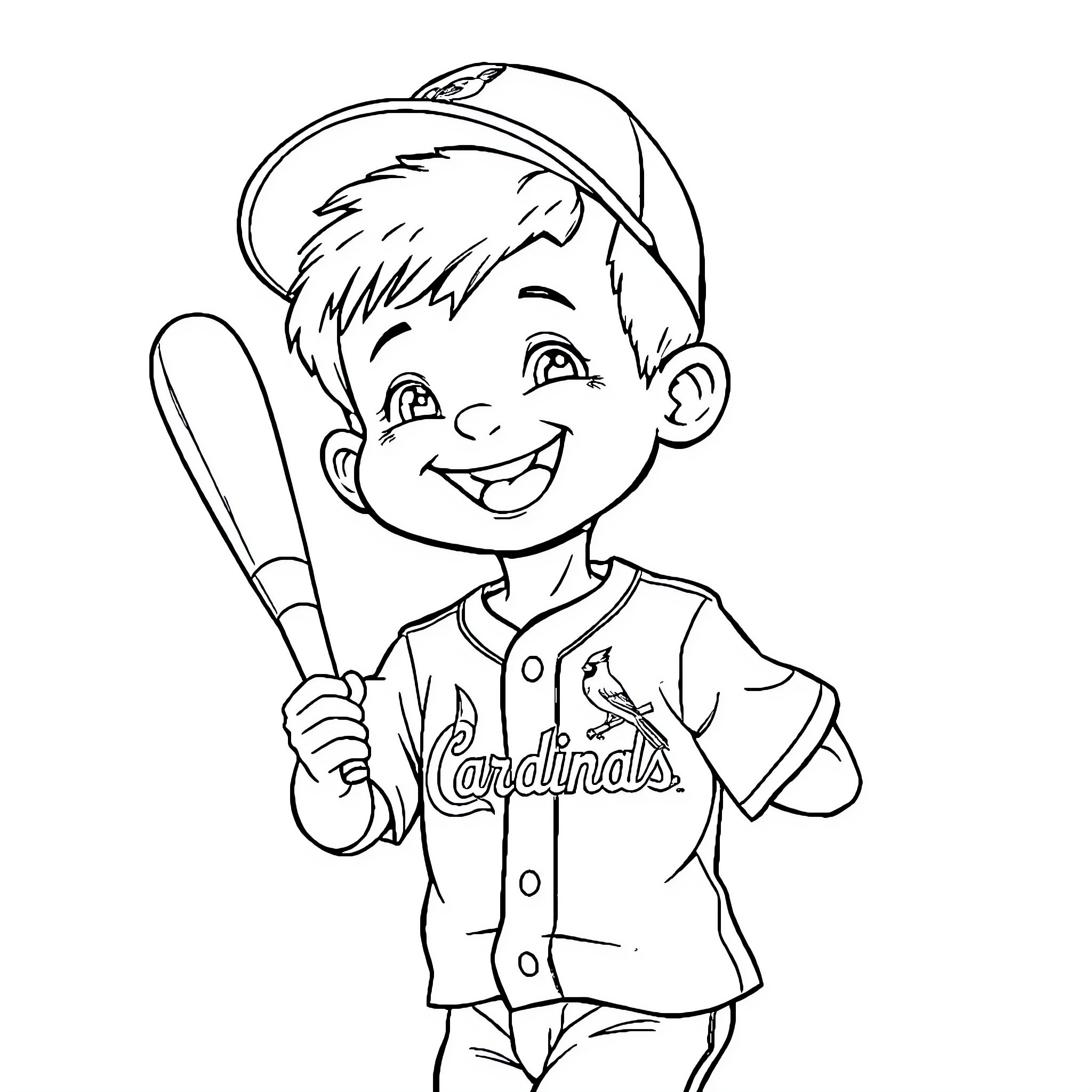 Boy playing baseball in uniform Coloring Page (free black-and-white line drawing printable PDF for all, from beginners to advanced learners, including children, teens, adults, and seniors)
