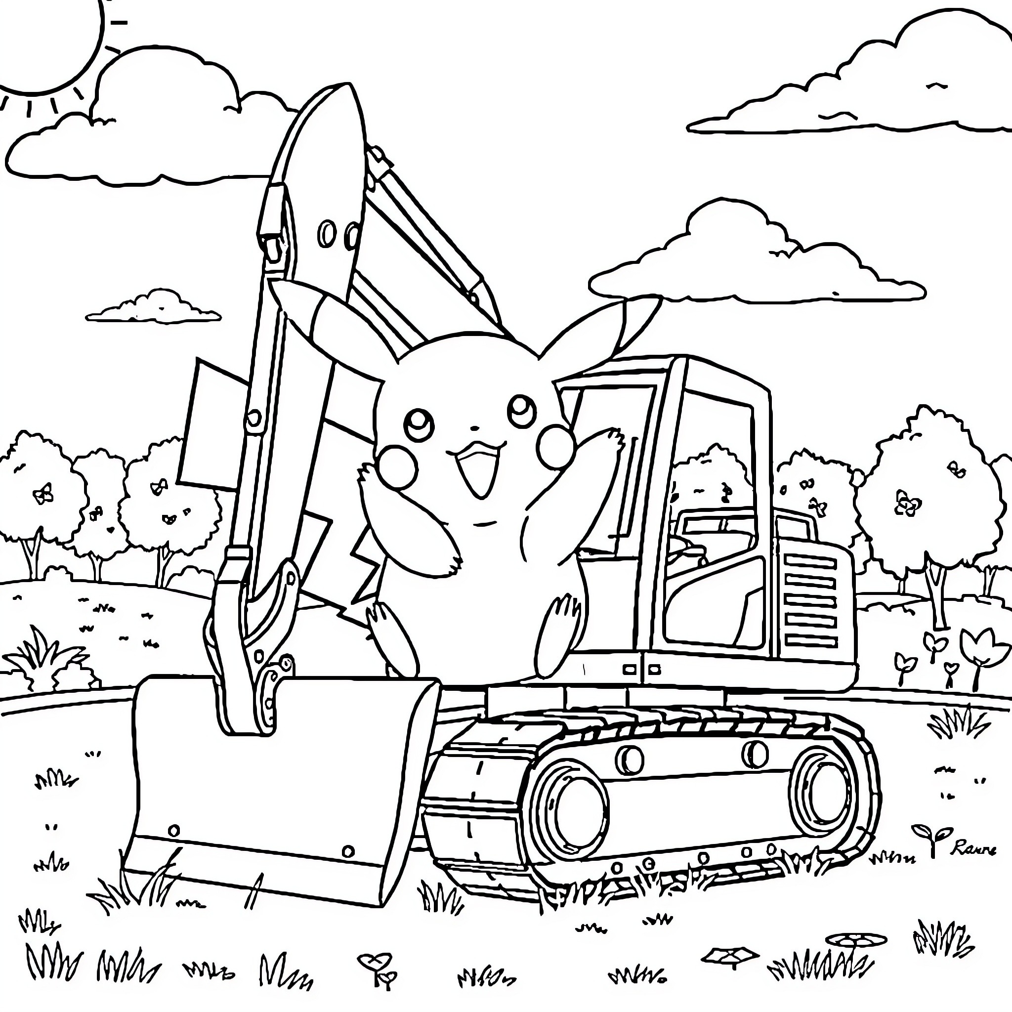Pikachu operating a construction excavator in the countryside Coloring Page (free black-and-white line drawing printable PDF for all, from beginners to advanced learners, including children, teens, adults, and seniors)
