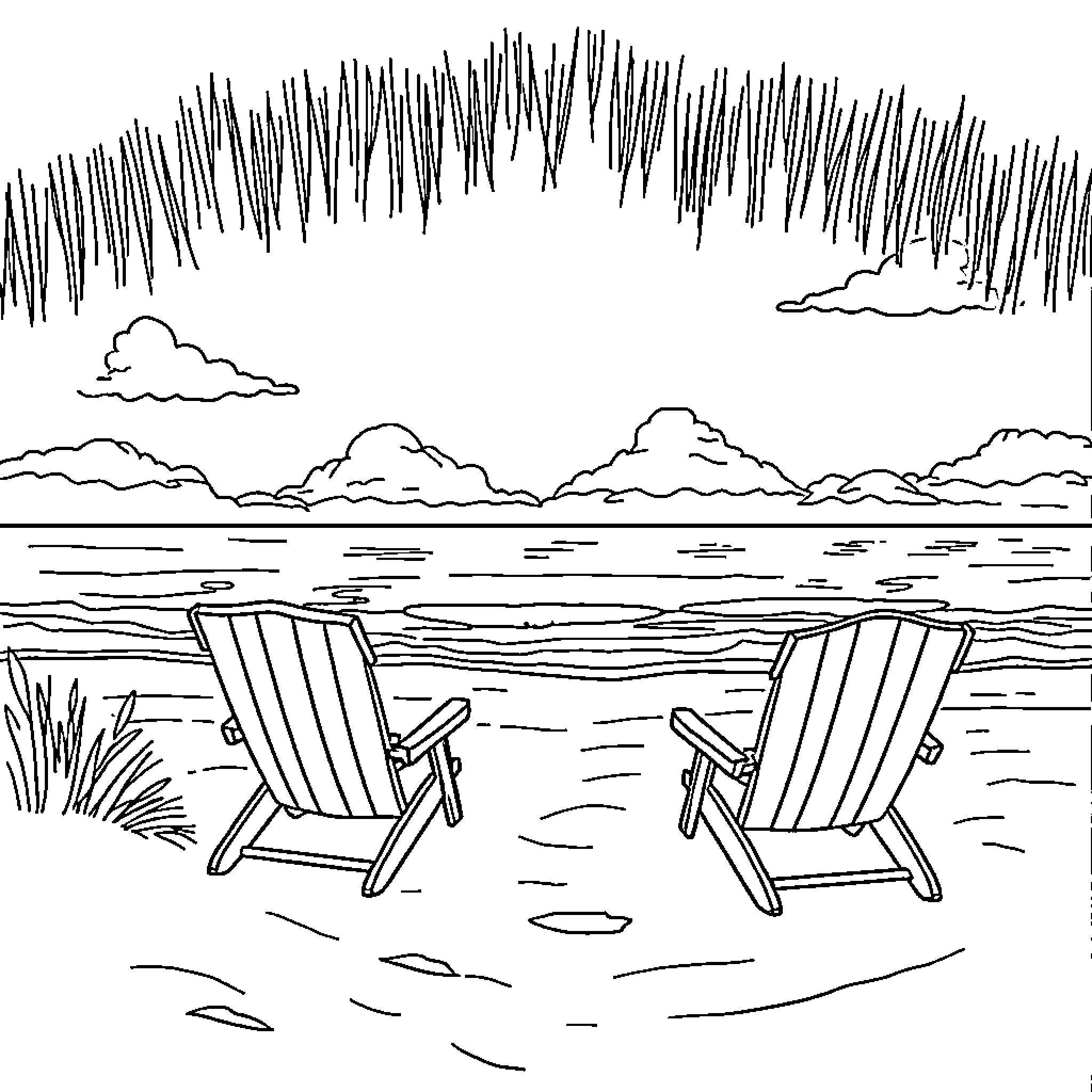 Beach chairs and scenic landscape Coloring Page (free black-and-white line drawing printable PDF for all, from beginners to advanced learners, including children, teens, adults, and seniors)
