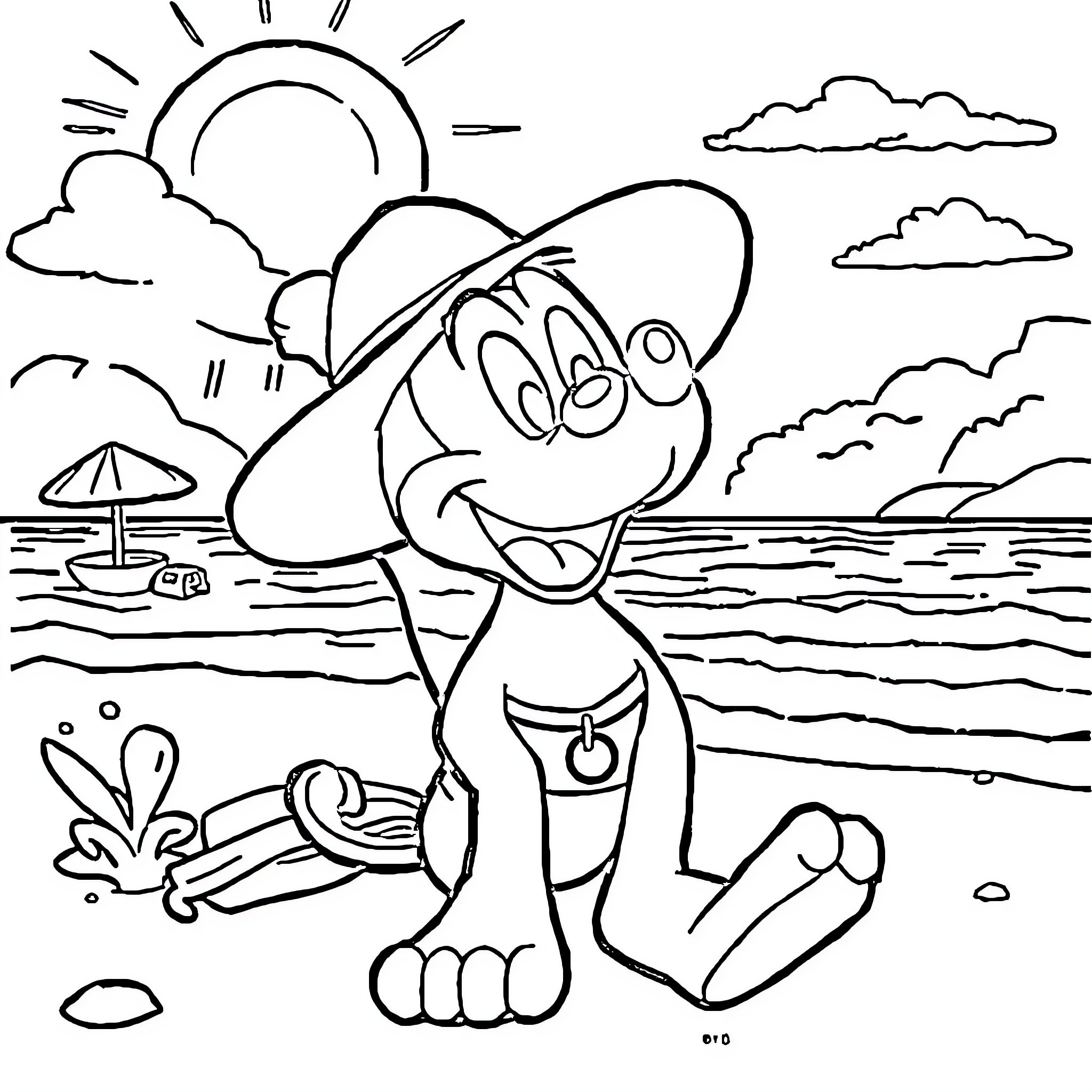 Mickey Mouse enjoying a sunny day at the beach Coloring Page (free black-and-white line drawing printable PDF for all, from beginners to advanced learners, including children, teens, adults, and seniors)