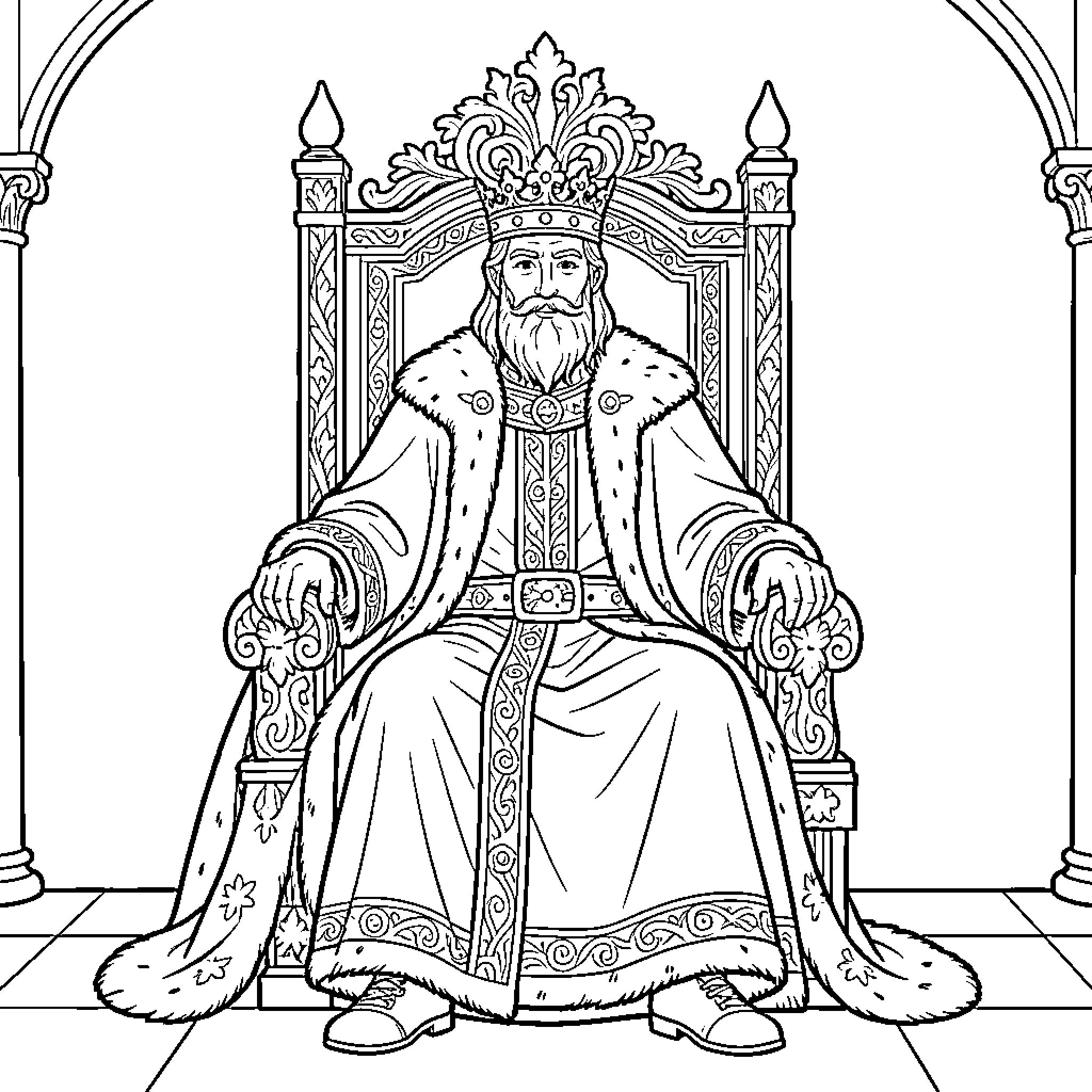 King Seated Majestically on Ornate Throne Coloring Page (free black-and-white line drawing printable PDF for all, from beginners to advanced learners, including children, teens, adults, and seniors)