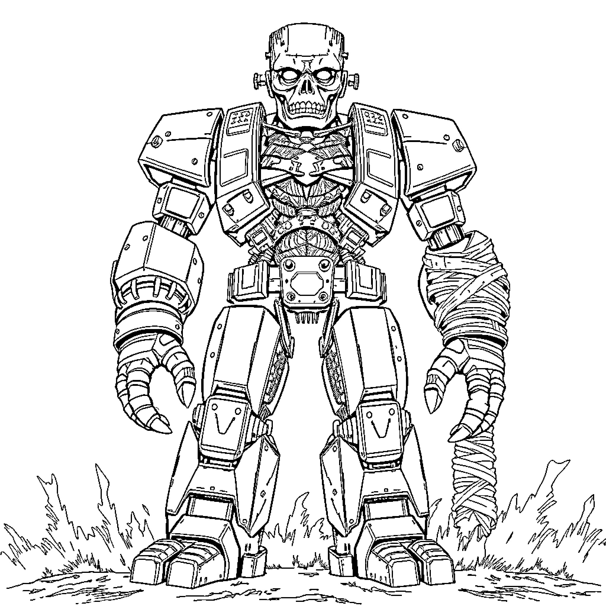 Robot Warrior in Rugged Terrain Coloring Page (free black-and-white line drawing printable PDF for all, from beginners to advanced learners, including children, teens, adults, and seniors)