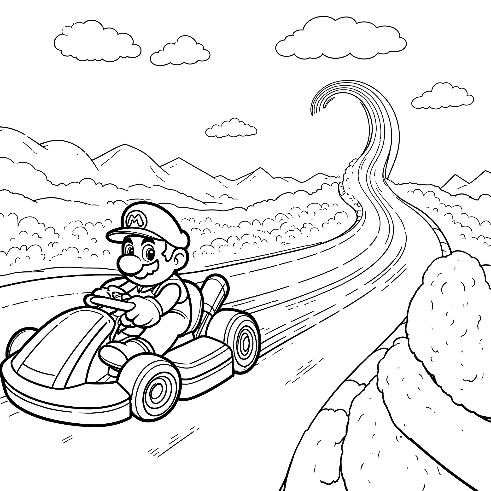 Mario Kart racing through a scenic landscape Coloring Page (free black-and-white line drawing printable PDF for all, from beginners to advanced learners, including children, teens, adults, and seniors)