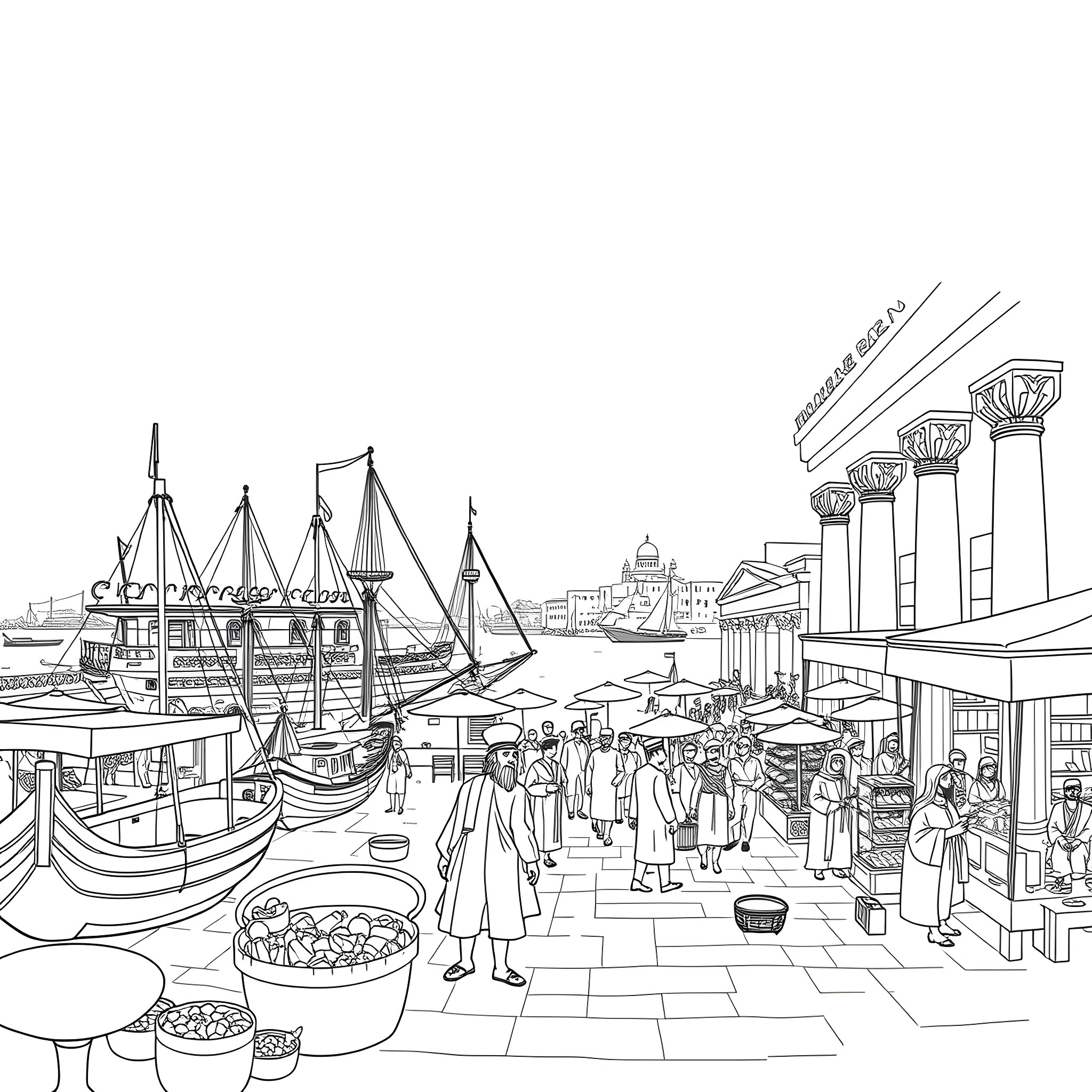 Life in a bustling harbor town with ships, shops, and people Coloring Page (free black-and-white line drawing printable PDF for all, from beginners to advanced learners, including children, teens, adults, and seniors)
