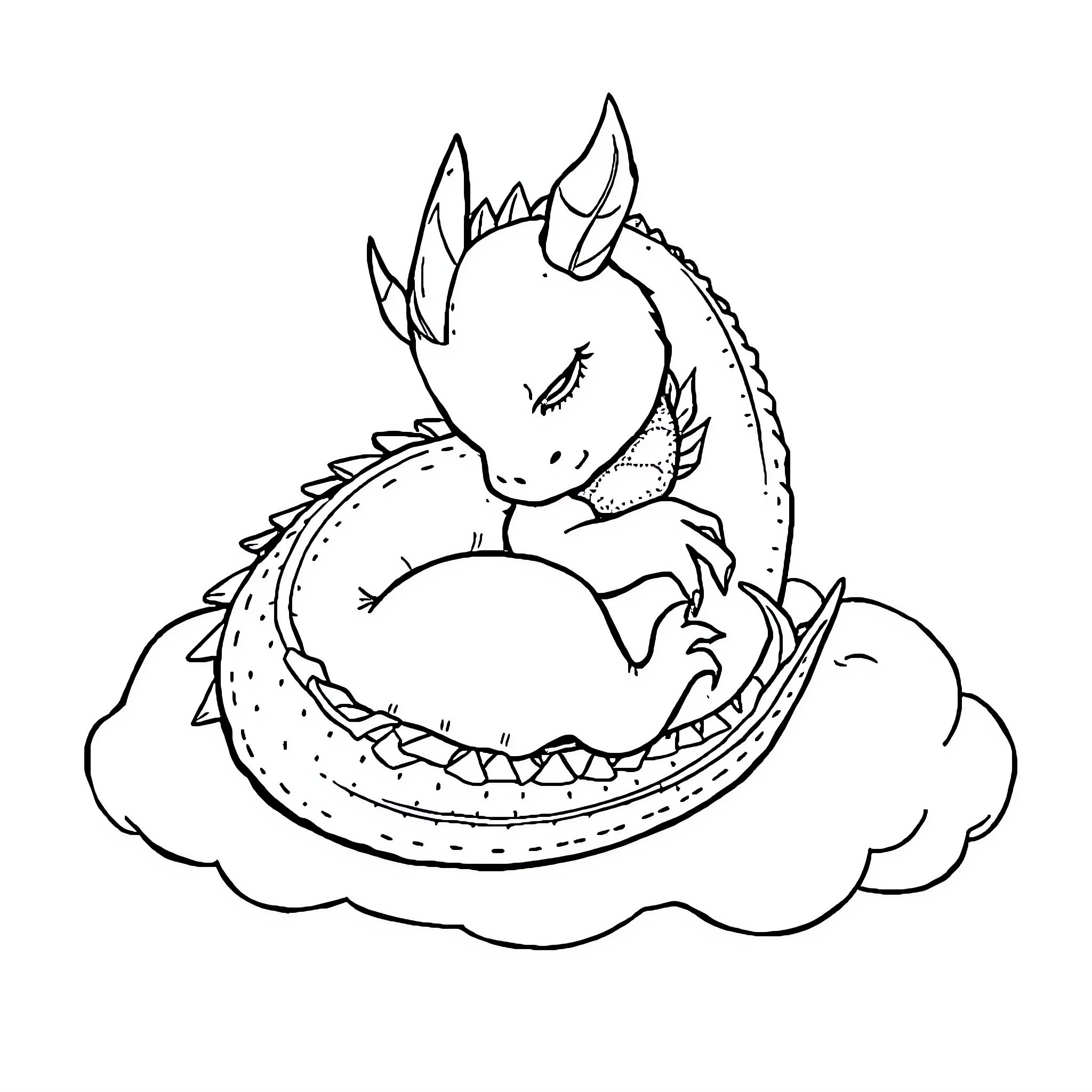 Dragon sleeping peacefully on a cloud Coloring Page (free black-and-white line drawing printable PDF for all, from beginners to advanced learners, including children, teens, adults, and seniors)