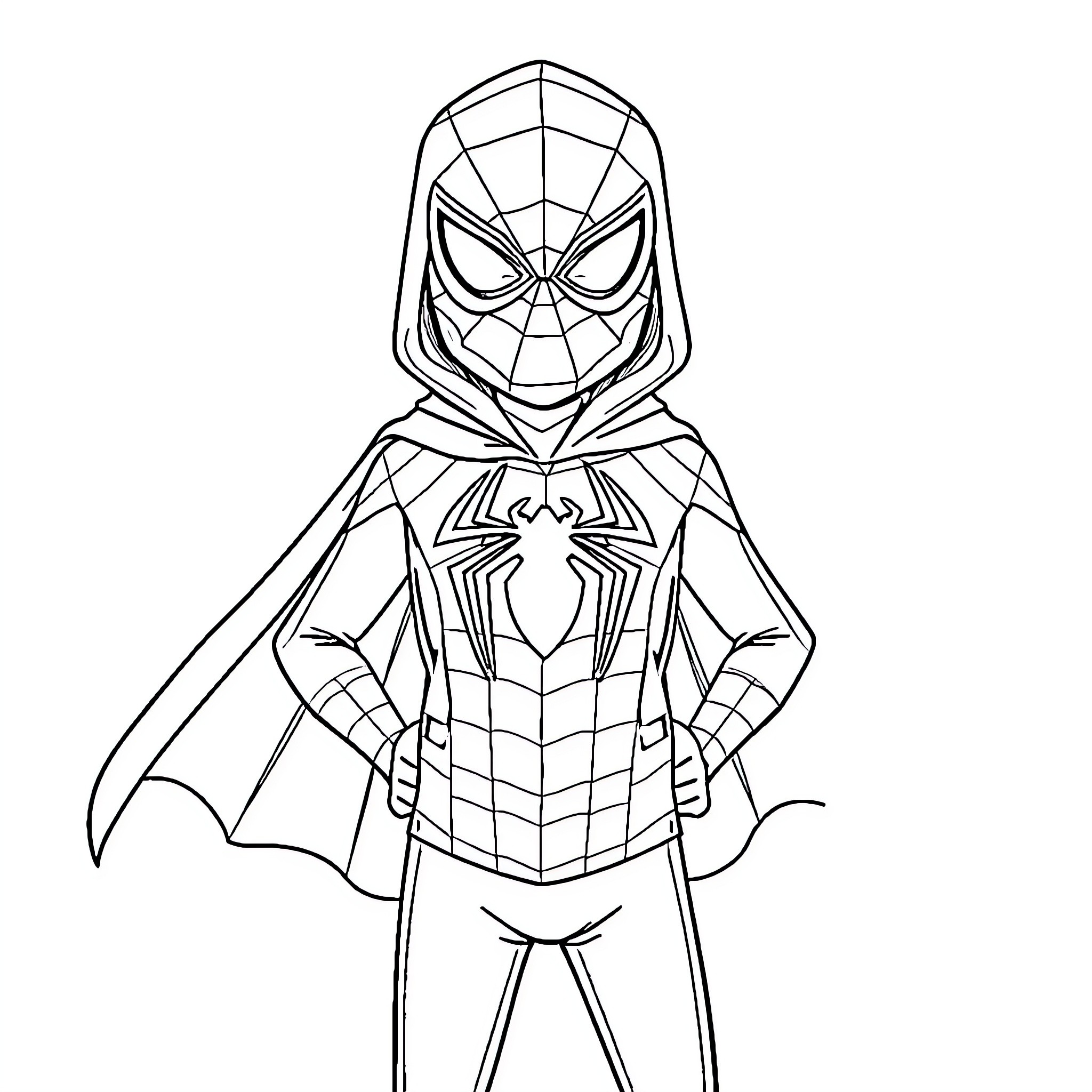 Spiderman Posing in Iconic Superhero Outfit Coloring Page (free black-and-white line drawing printable PDF for all, from beginners to advanced learners, including children, teens, adults, and seniors)