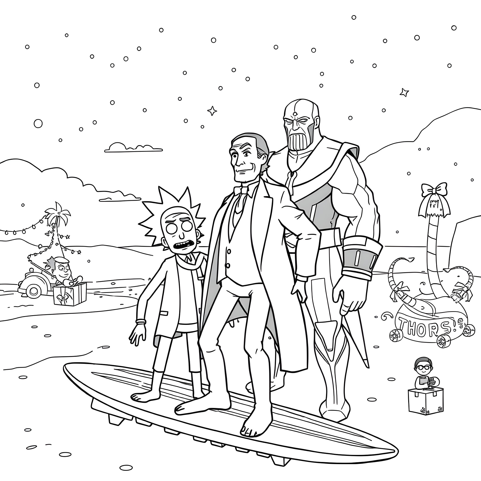 Abraham Lincoln surfing with Thanos in a sci-fi setting Coloring Page (free black-and-white line drawing printable PDF for all, from beginners to advanced learners, including children, teens, adults, and seniors)