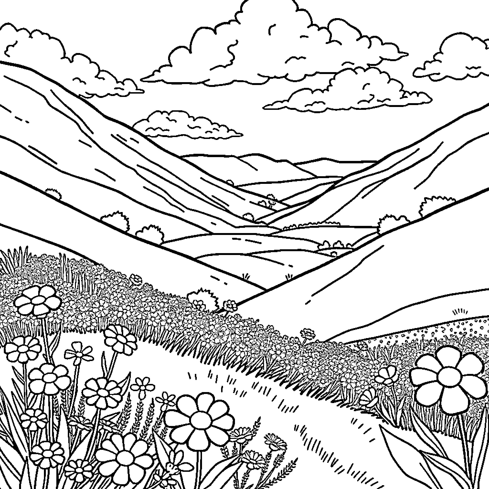 Landscape with Blooming Flowers in the Foreground Coloring Page (free black-and-white line drawing printable PDF for all, from beginners to advanced learners, including children, teens, adults, and seniors)