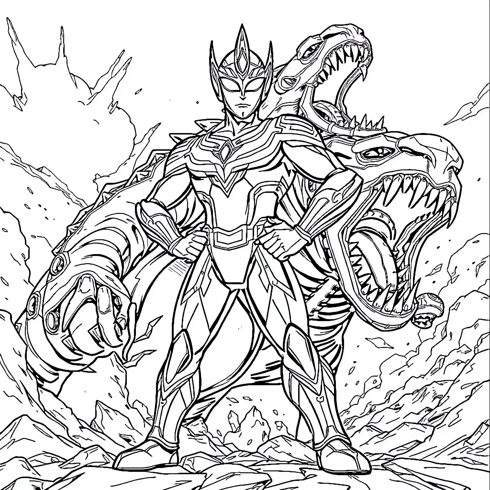 Ultraman battling a fearsome beast Coloring Page (free black-and-white line drawing printable PDF for all, from beginners to advanced learners, including children, teens, adults, and seniors)
