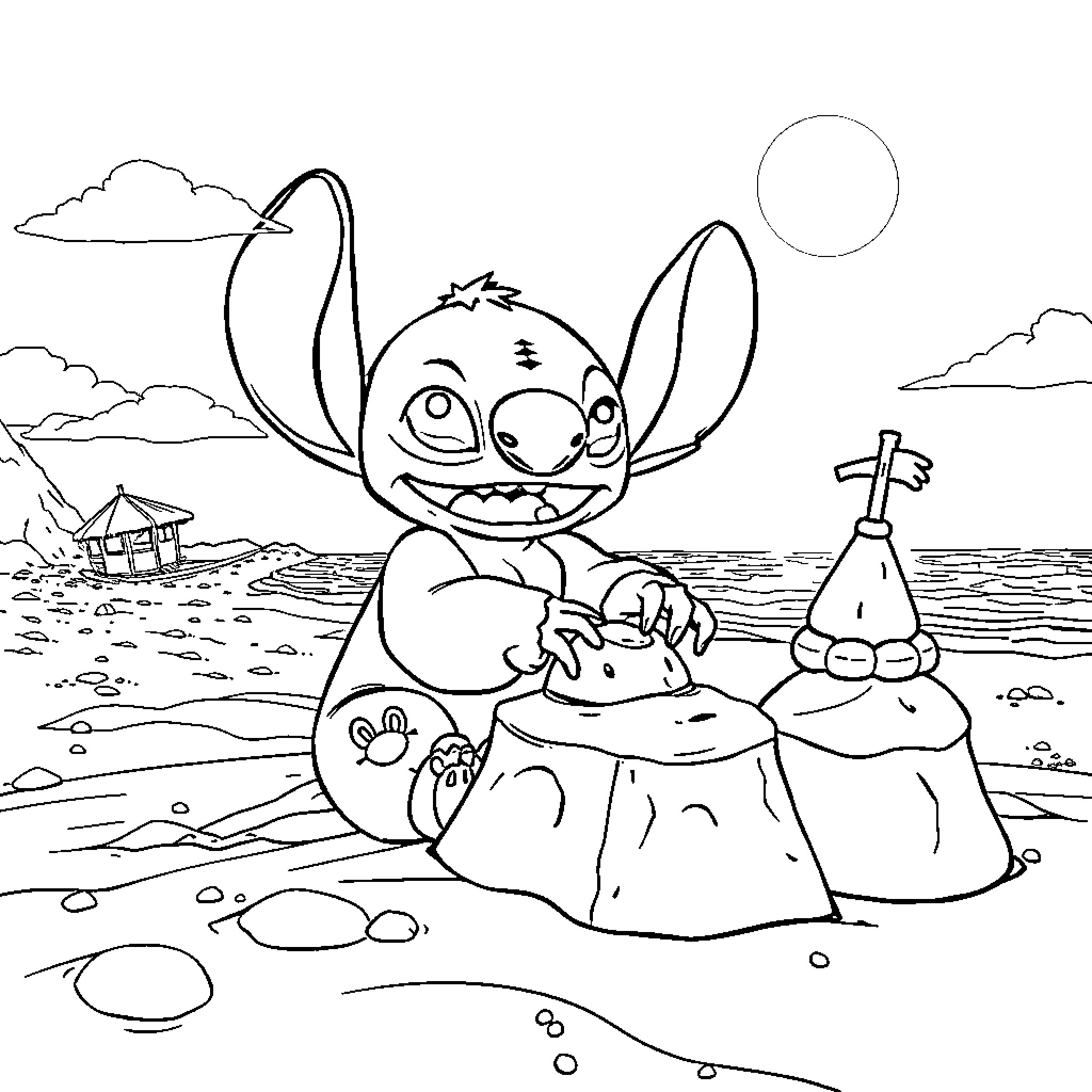 Stitch building a sandcastle on the beach Coloring Page (free black-and-white line drawing printable PDF for all, from beginners to advanced learners, including children, teens, adults, and seniors)