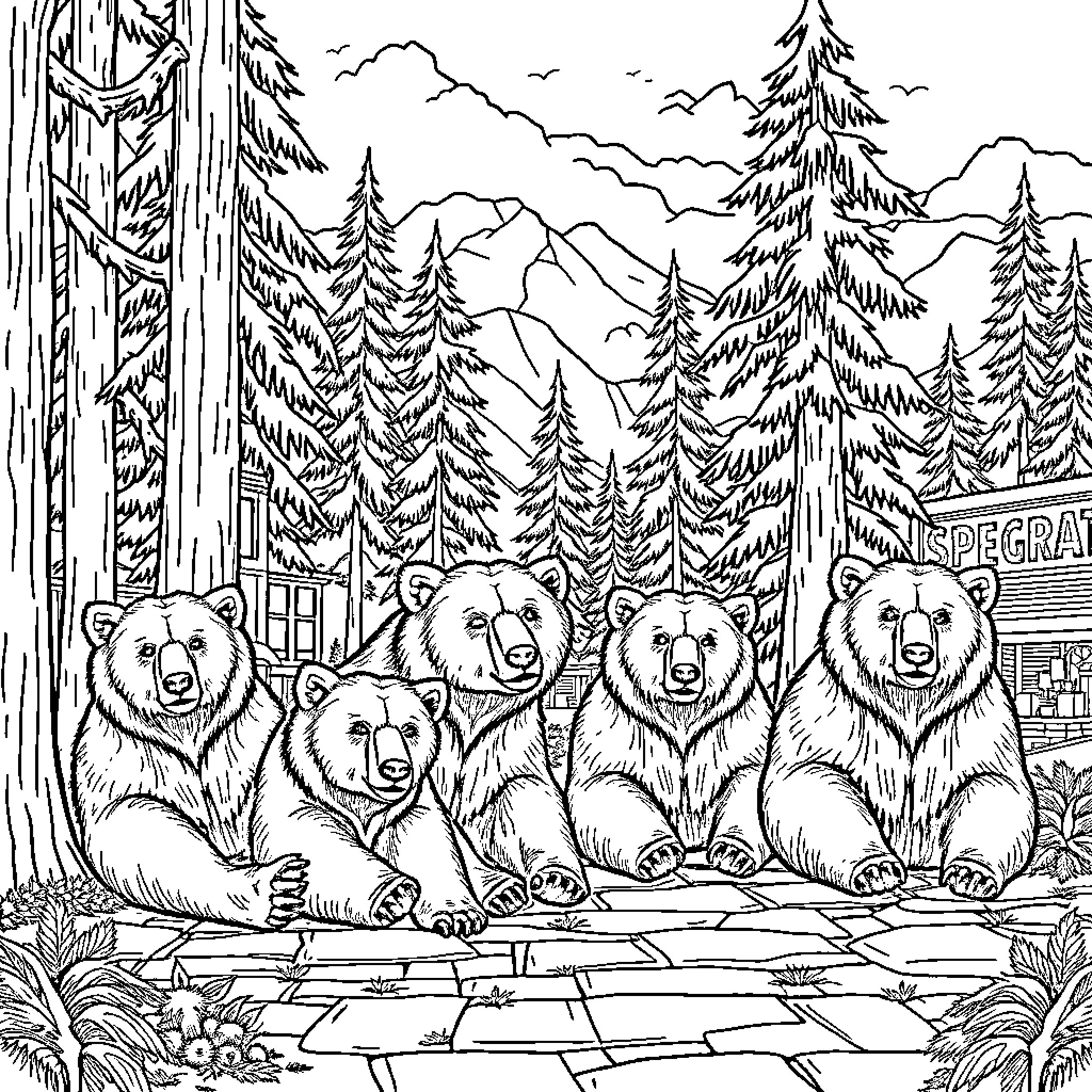 Grizzly Bears Resting in Snowy Forest Coloring Page (free black-and-white line drawing printable PDF for all, from beginners to advanced learners, including children, teens, adults, and seniors)