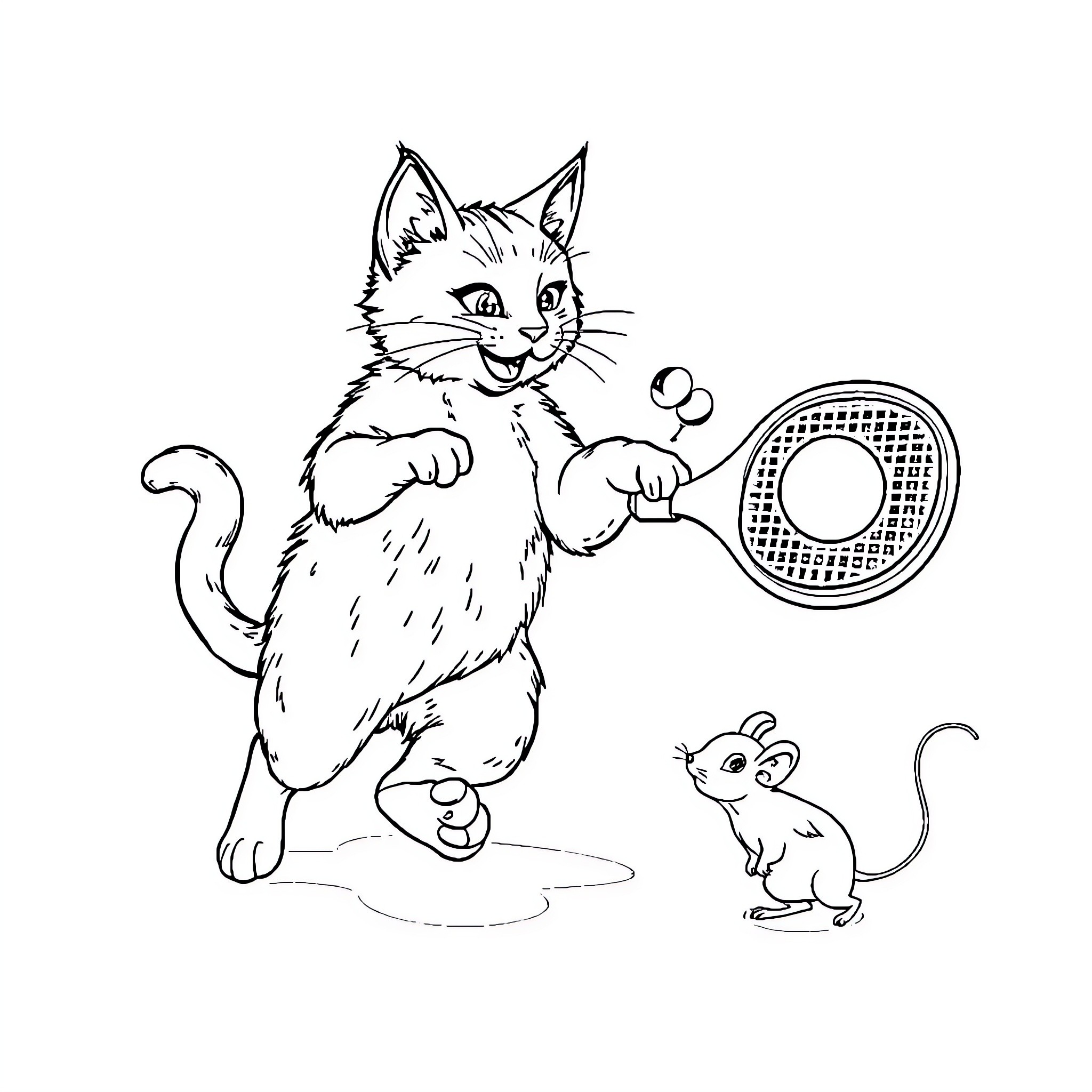 Cat chasing playful mouse with tennis racket Coloring Page (free black-and-white line drawing printable PDF for all, from beginners to advanced learners, including children, teens, adults, and seniors)