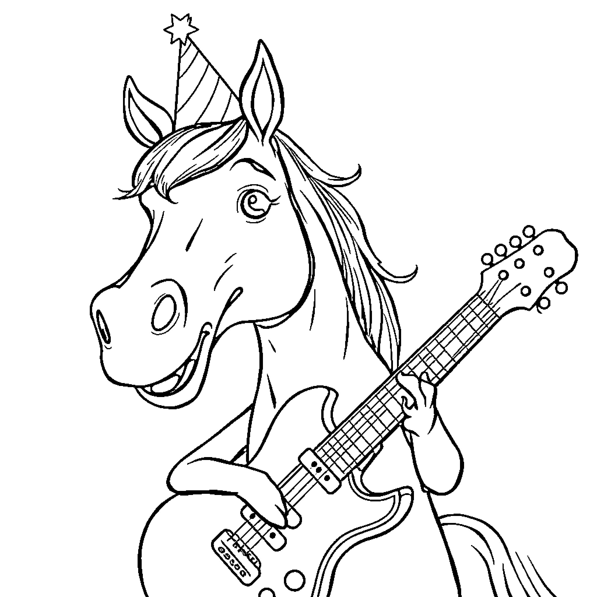 Horse playing guitar with party hat Coloring Page (free black-and-white line drawing printable PDF for all, from beginners to advanced learners, including children, teens, adults, and seniors)
