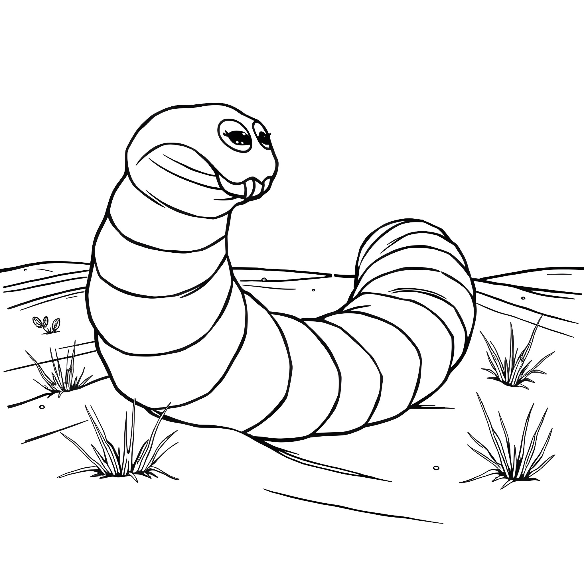 Dune Worm exploring the desert landscape Coloring Page (free black-and-white line drawing printable PDF for all, from beginners to advanced learners, including children, teens, adults, and seniors)